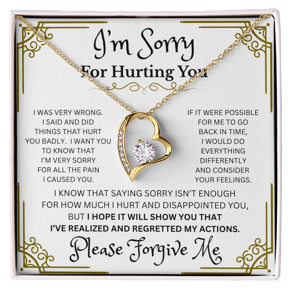 I'm Sorry Forever Love Necklace – Heart-Shaped CZ Pendant in White or Yellow Gold Finish