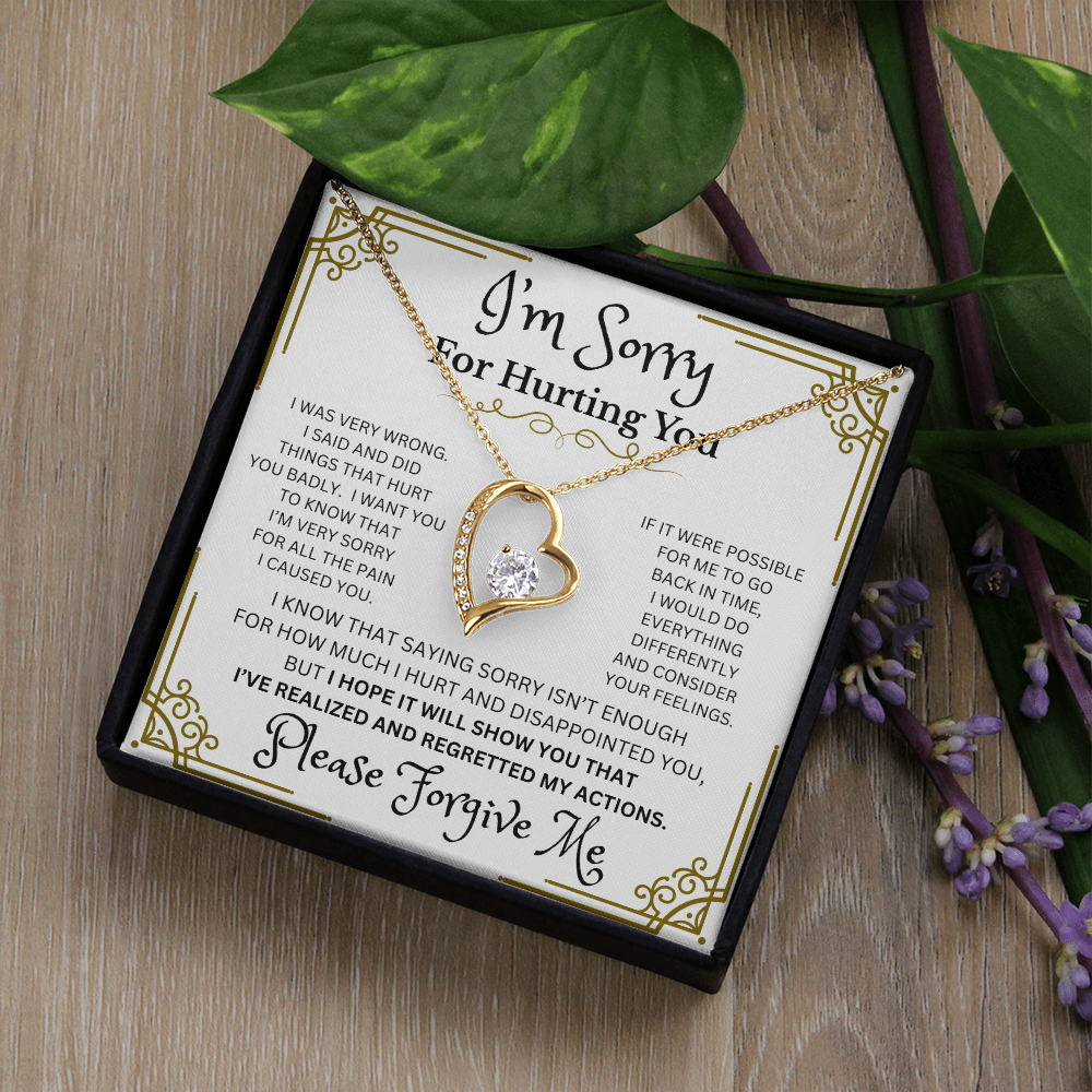 I'm Sorry Forever Love Necklace – Heart-Shaped CZ Pendant in White or Yellow Gold Finish