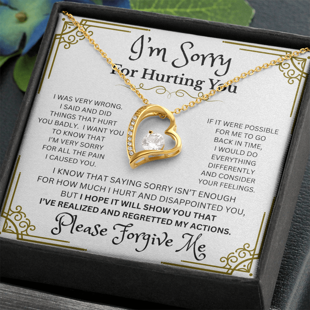 I'm Sorry Forever Love Necklace – Heart-Shaped CZ Pendant in White or Yellow Gold Finish