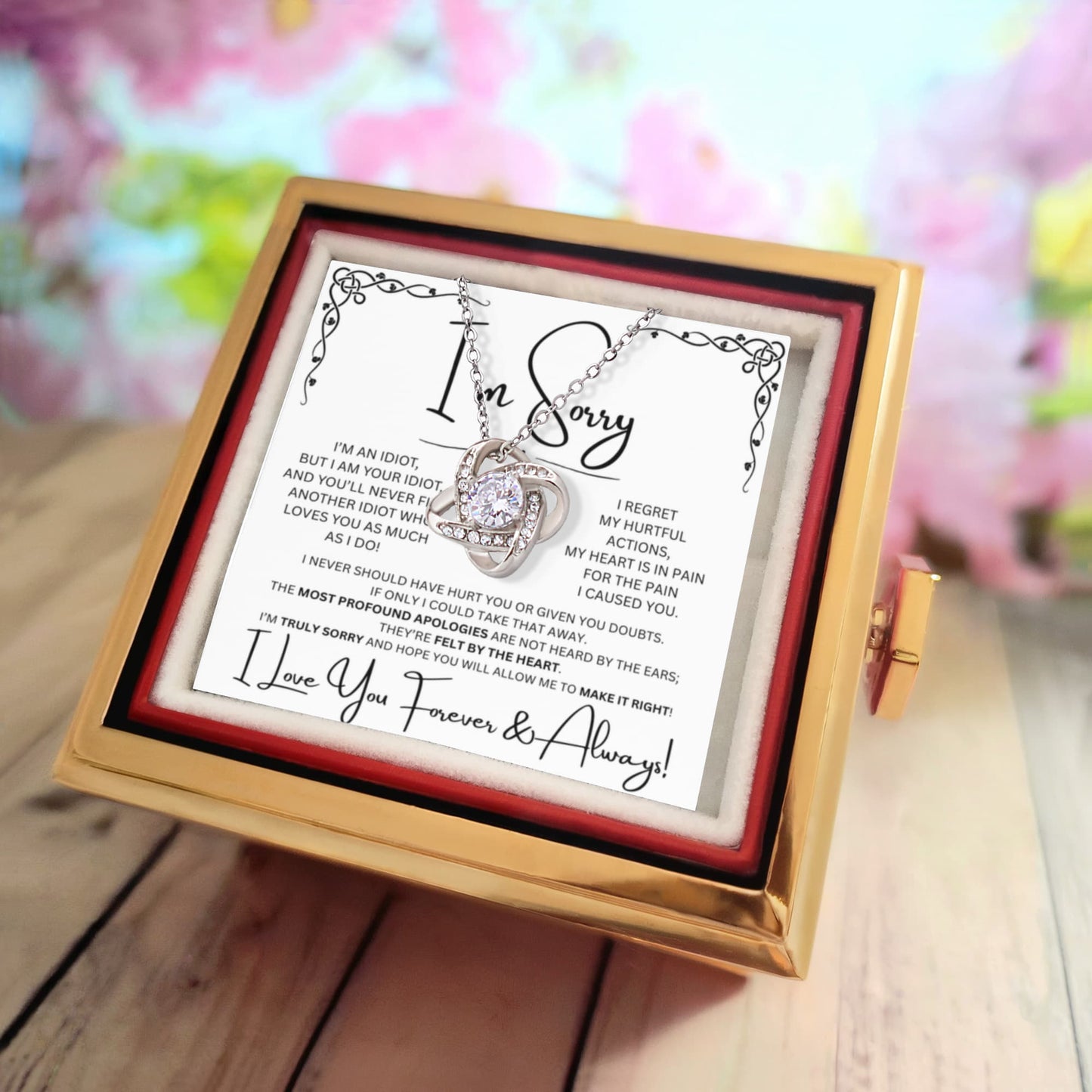 I'm Sorry Love Knot Necklace in preserved red rose box