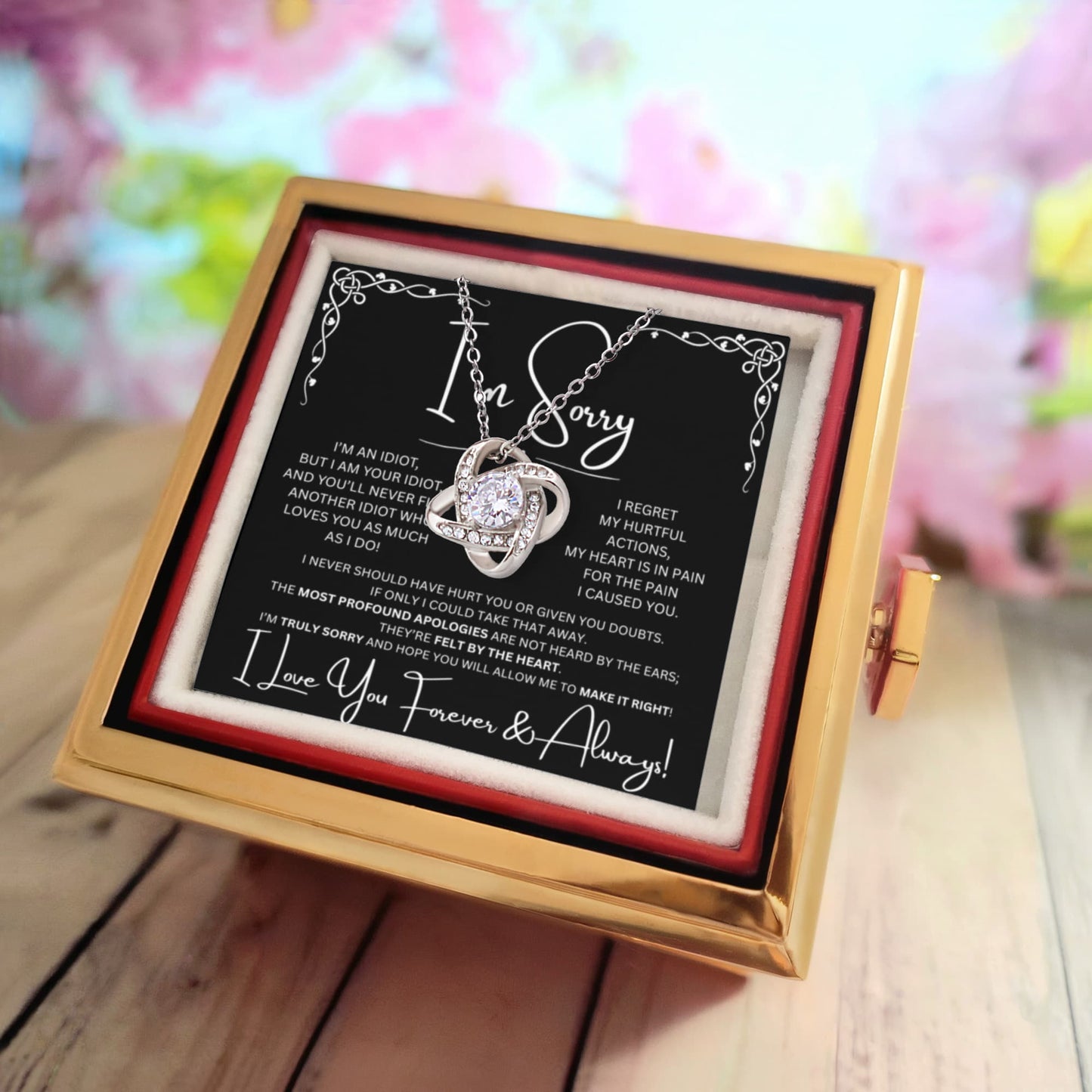 I'm Sorry Love Knot Necklace in preserved red rose box with black card