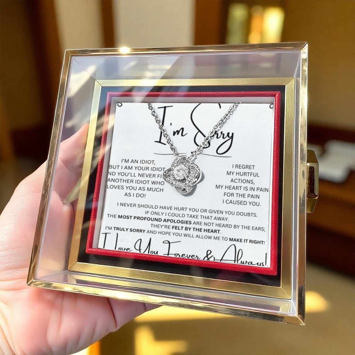 I'm Sorry Love Knot Necklace in preserved red rose box