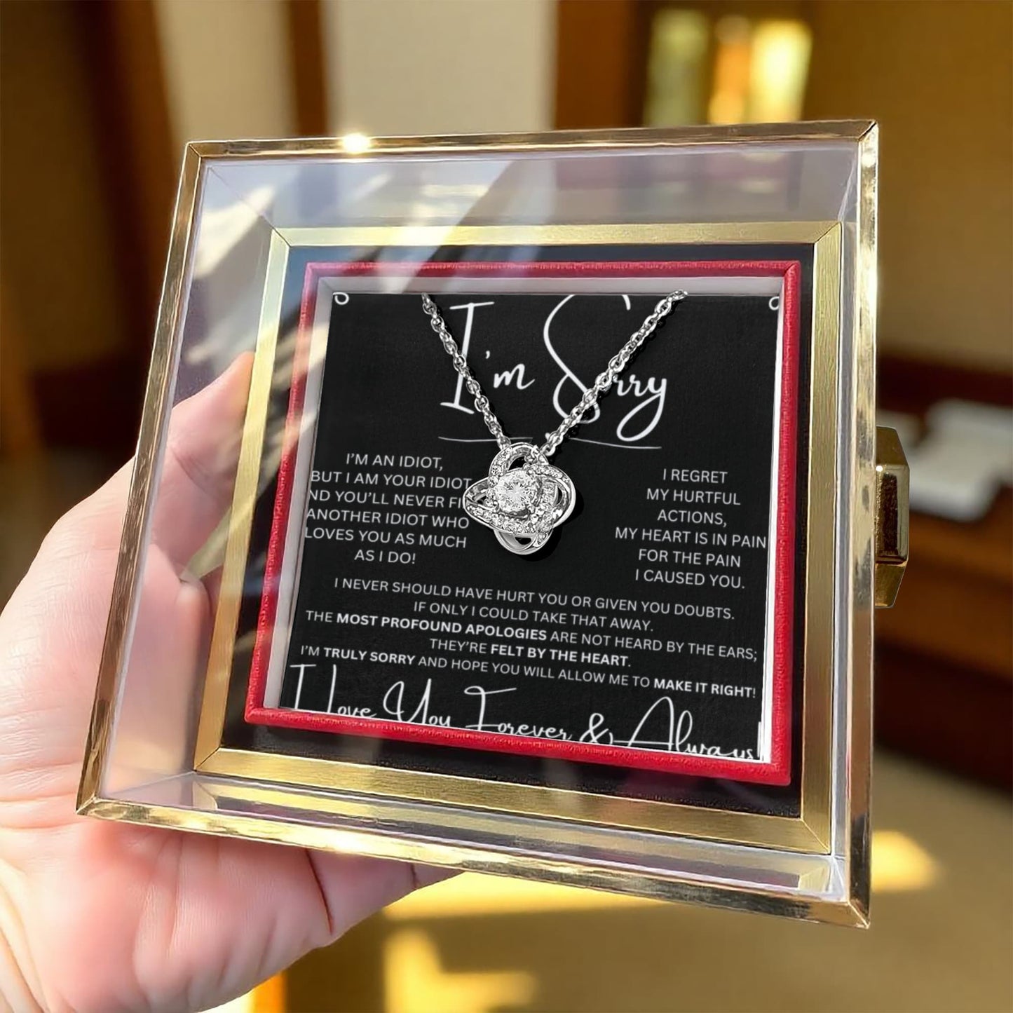 I'm Sorry Love Knot Necklace in preserved red rose box with black card