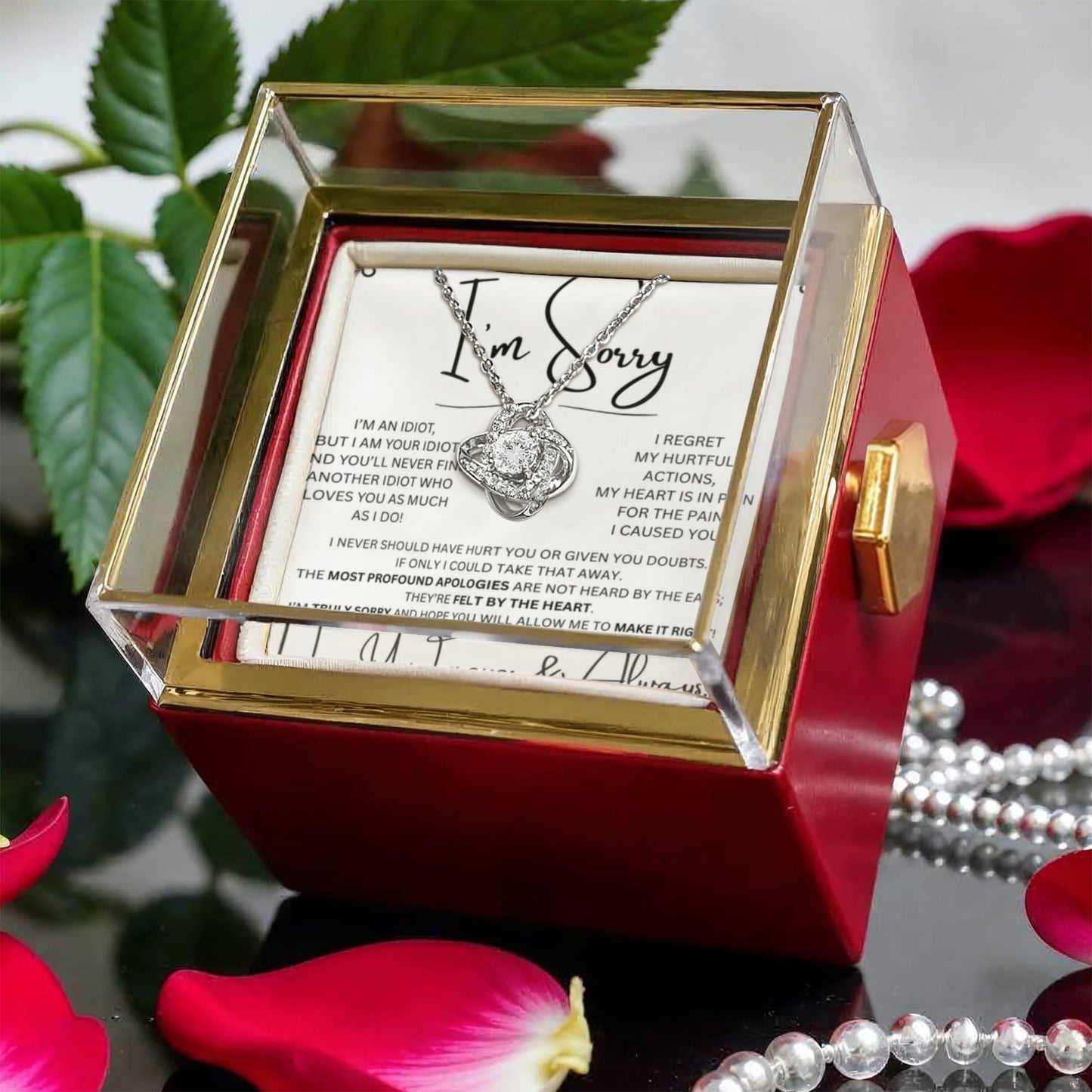 I'm Sorry Love Knot Necklace in preserved red rose box