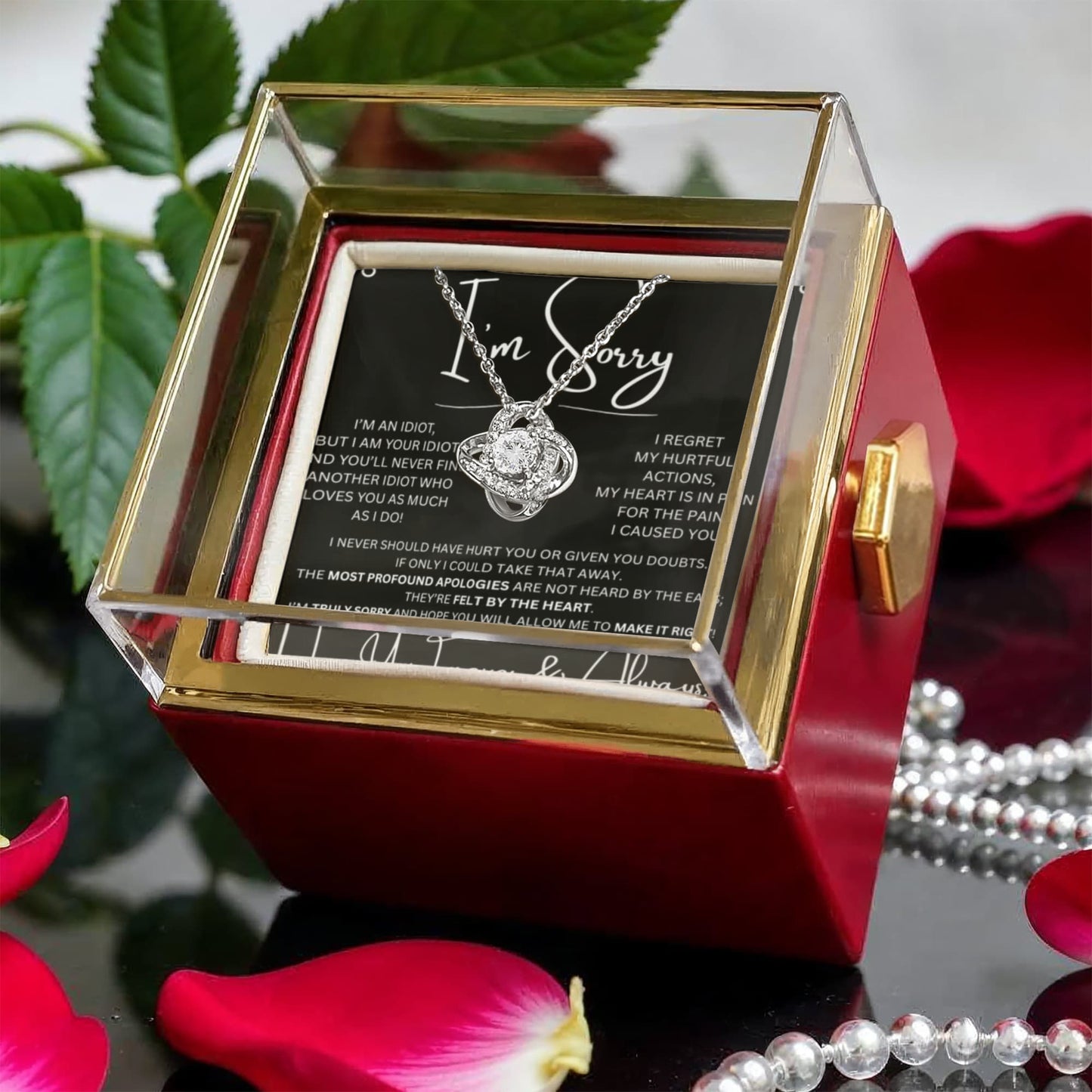 I'm Sorry Love Knot Necklace in preserved red rose box with black card