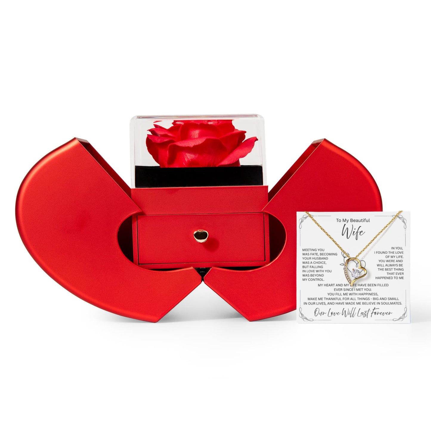 Anniversary or Valentine’s Day jewelry gift – necklace in red rose heart box