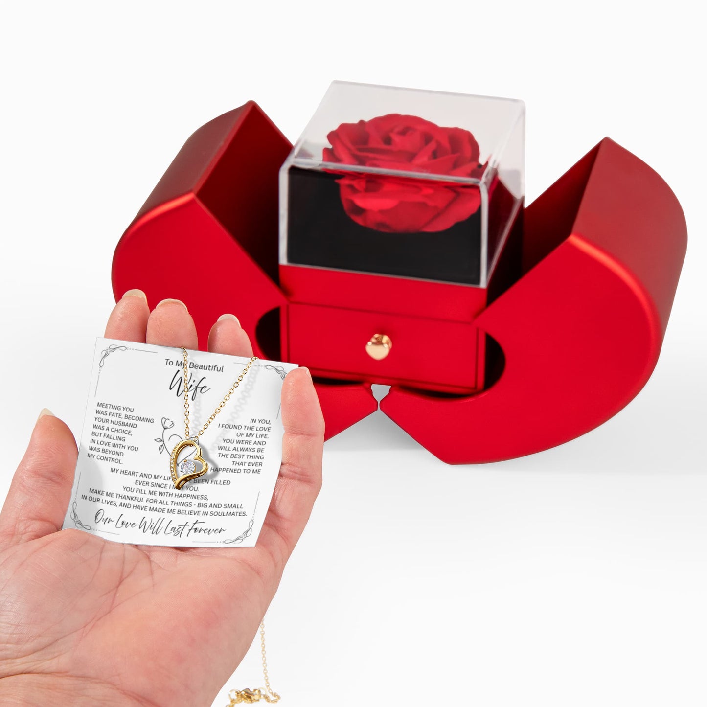 Beautiful wife necklace gift – Forever Love pendant with rose box
