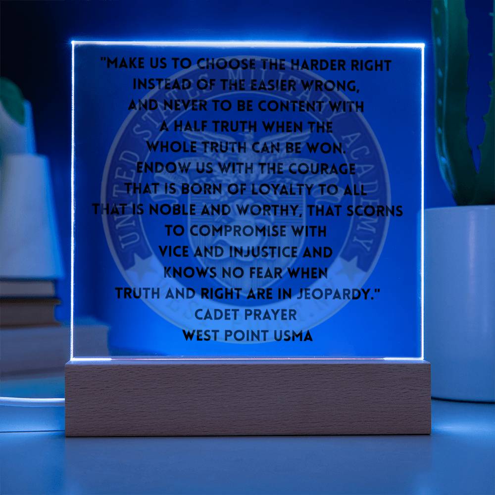 LED-lit acrylic plaque with stand displaying Cadet Prayer