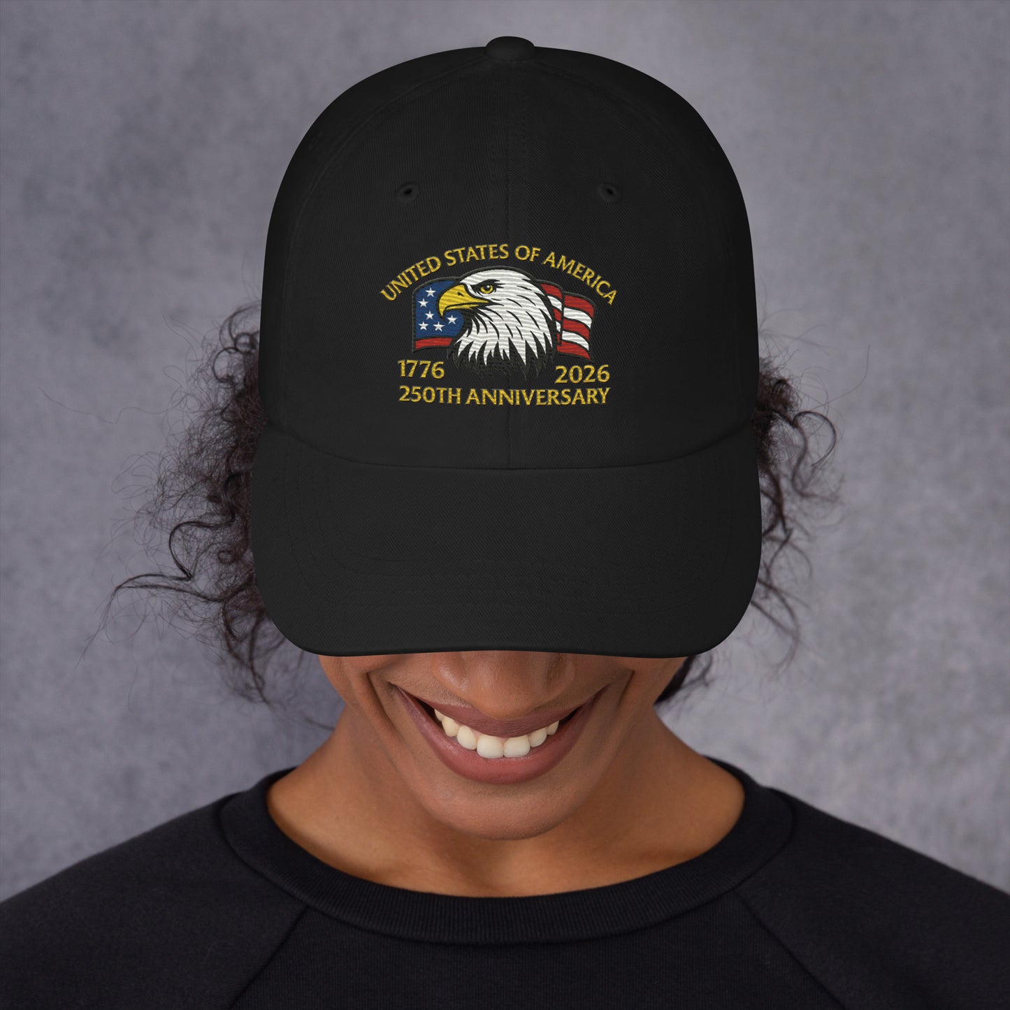 Black USA 250 Years patriotic embroidered hat cotton twill