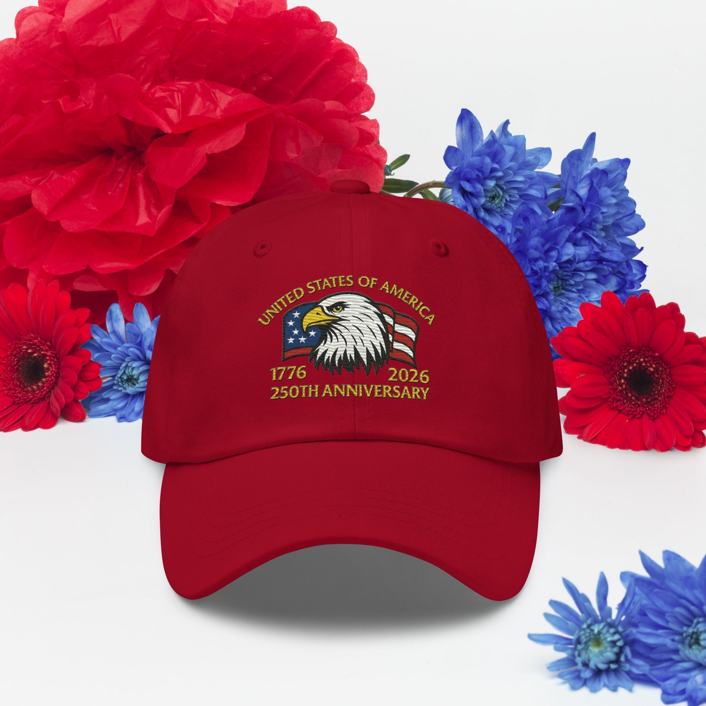 Red USA 250 Years patriotic embroidered hat cotton twill