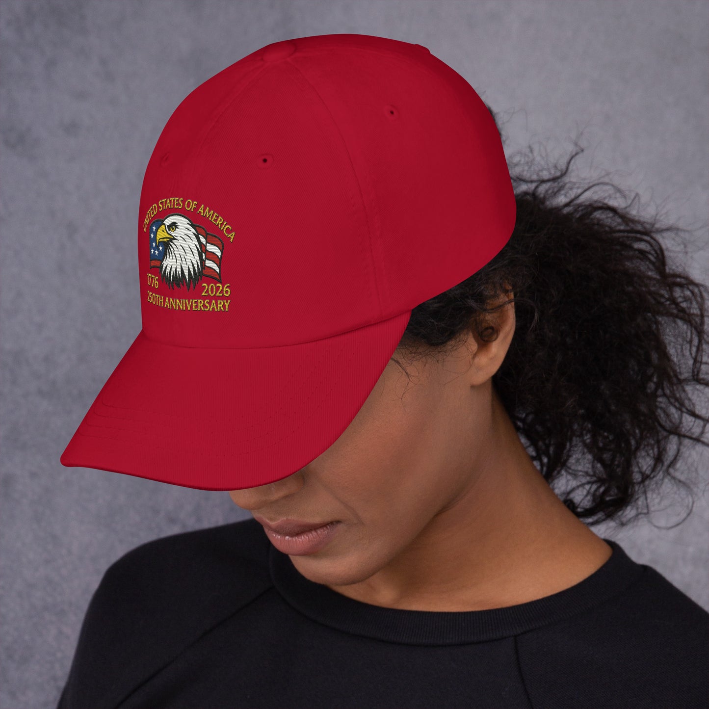 Red USA 250 Years patriotic embroidered hat cotton twill