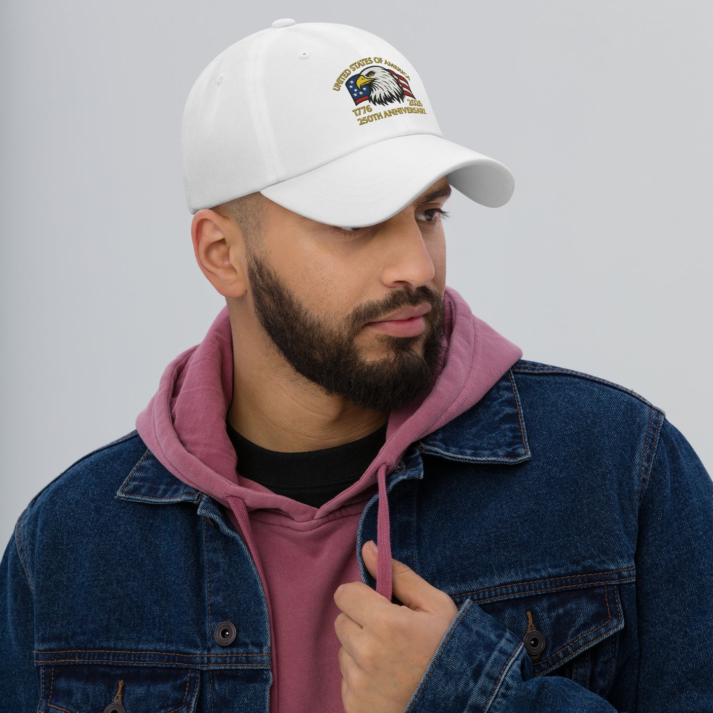 White USA 250 Years patriotic embroidered hat cotton twill