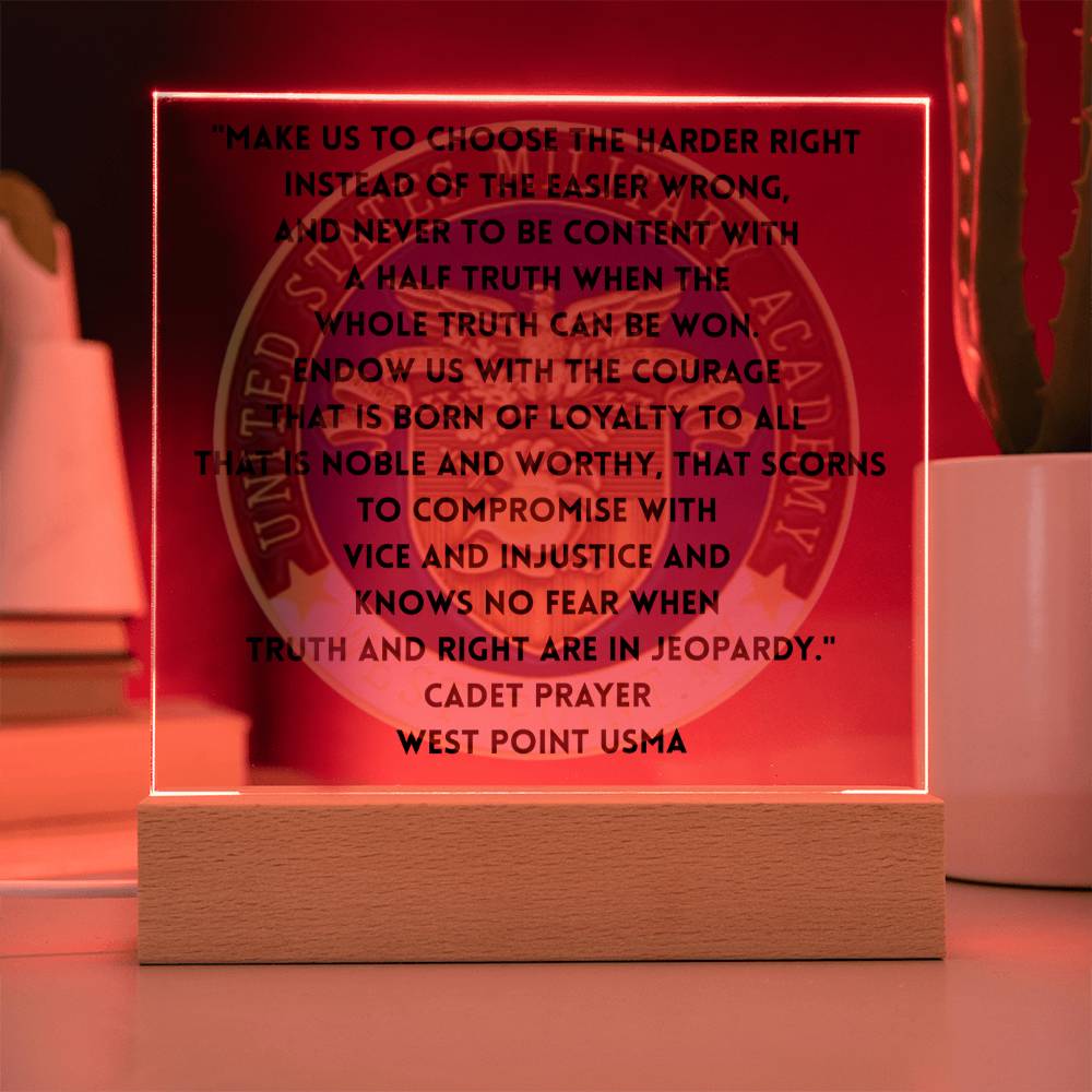 LED-lit acrylic plaque with stand displaying Cadet Prayer