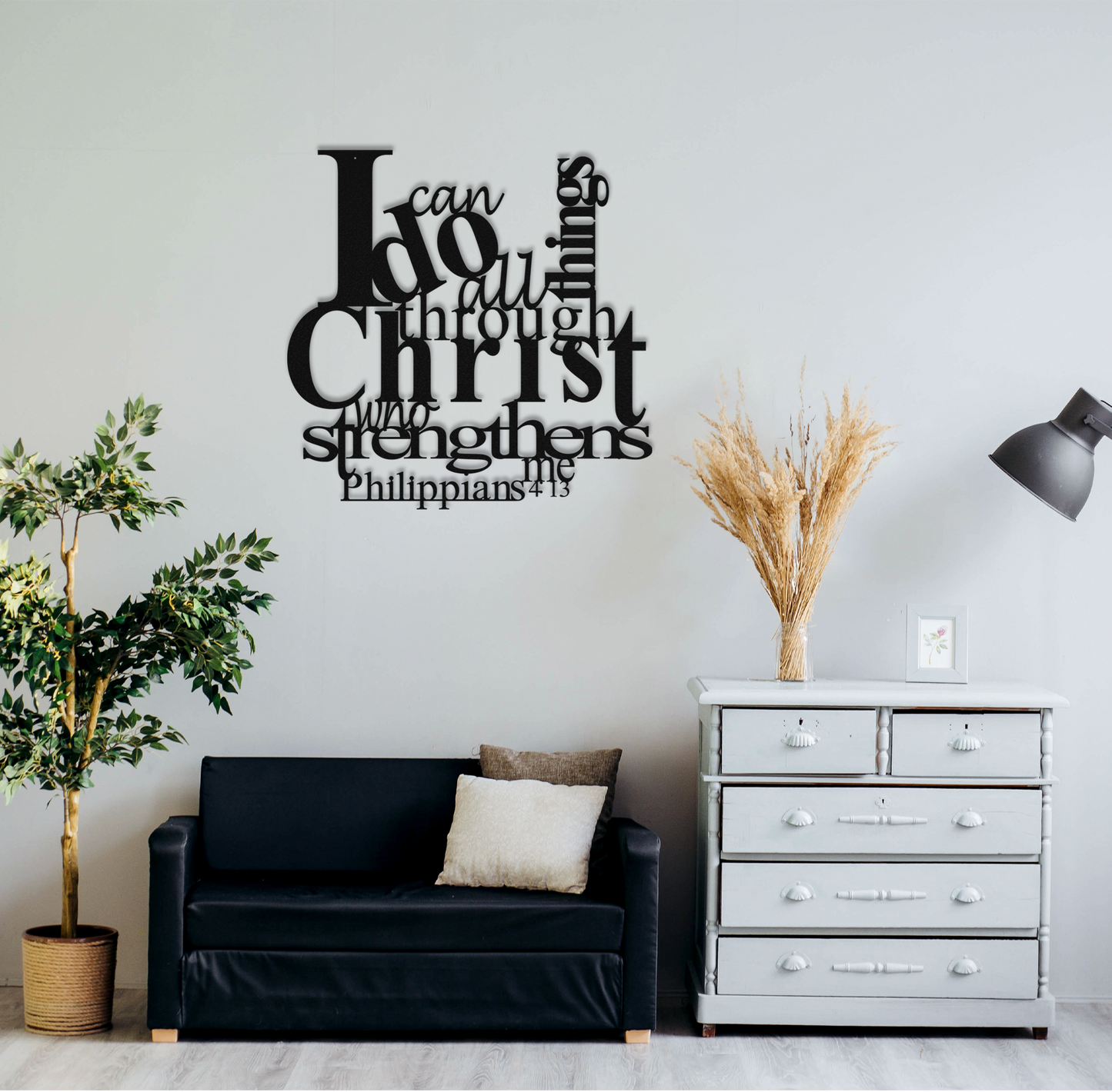 Living room with motivational quote on wall, Philippians 4:13 metal wall art with scripture verse