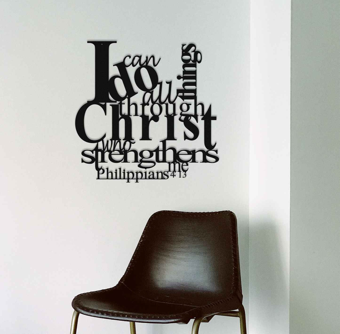 Decorative wall quote with a brown chair Philippians 4:13 metal wall art with scripture verse
