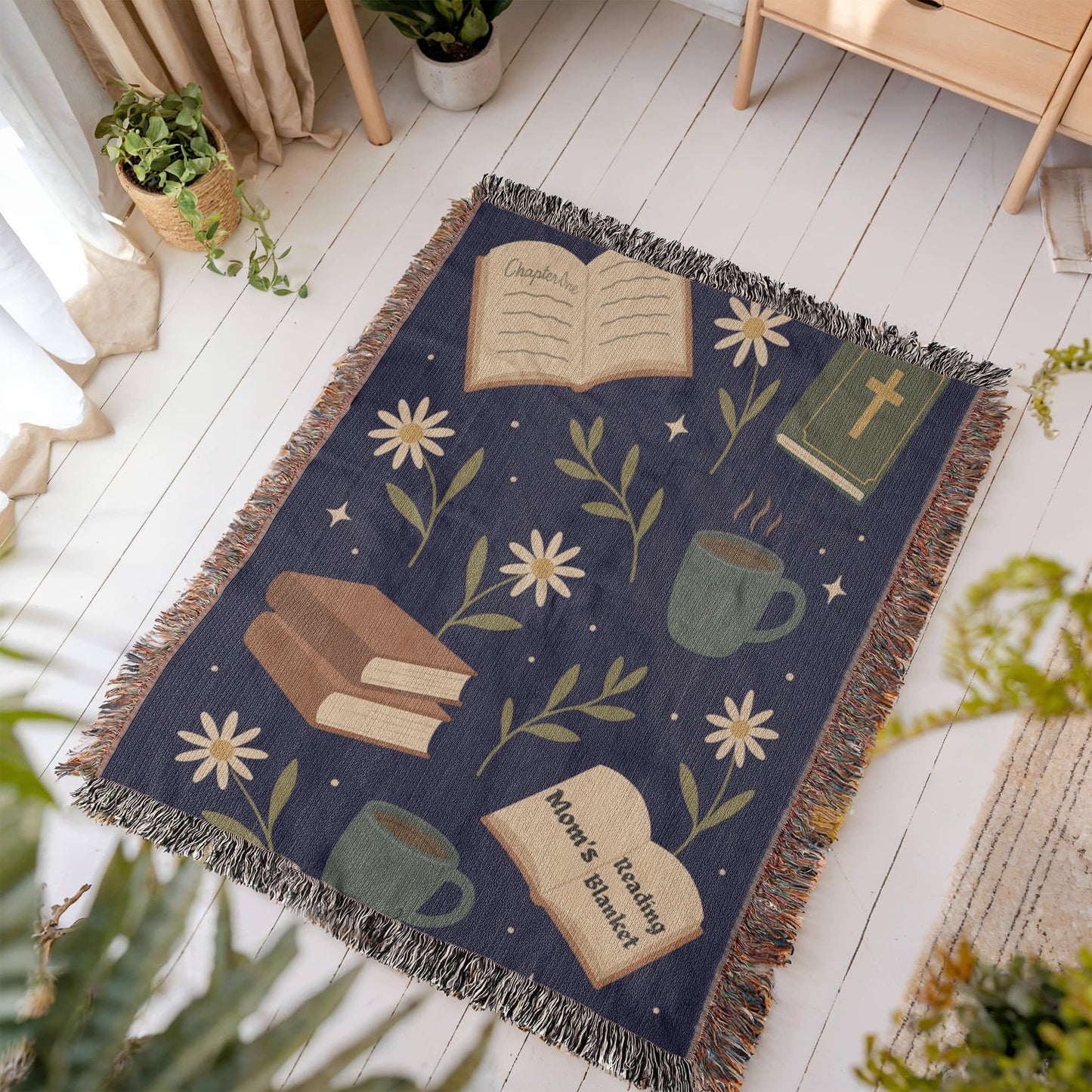 Mom reading heirloom woven blanket