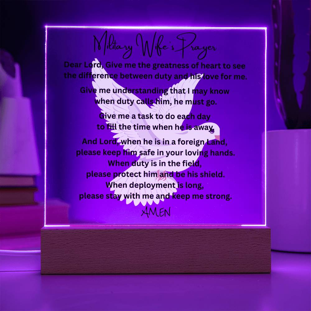 Military Wife's Prayer acrylic plaque LED wooden base tribute gift