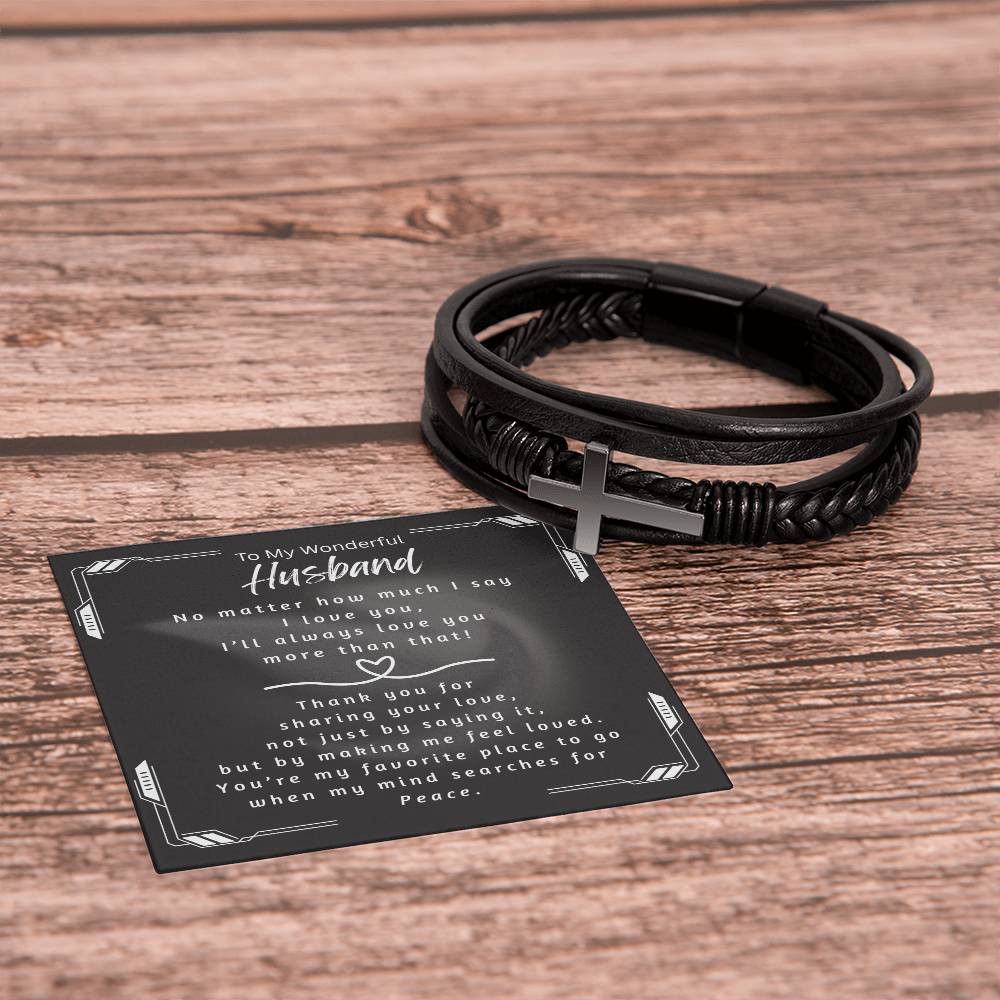 Men's stainless steel cross bracelet gift for husband with adjustable cord and magnetic clasp