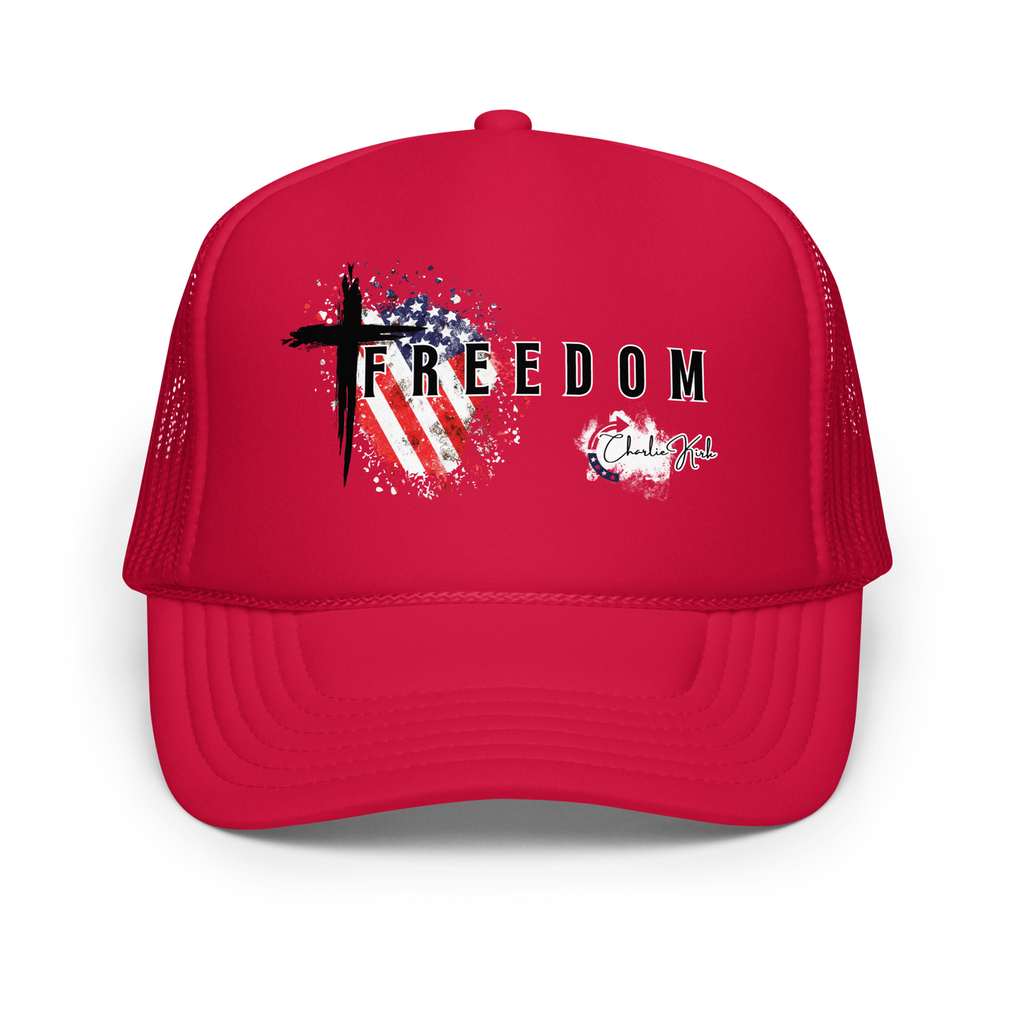 Adjustable snapback foam trucker cap with FREEDOM celebrating Charlie Kirk