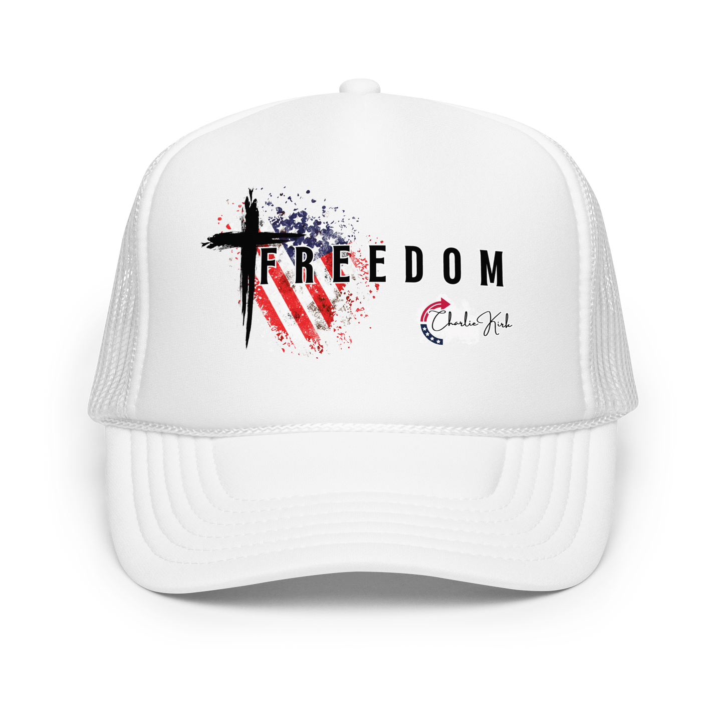 Adjustable snapback foam trucker cap with FREEDOM celebrating Charlie Kirk