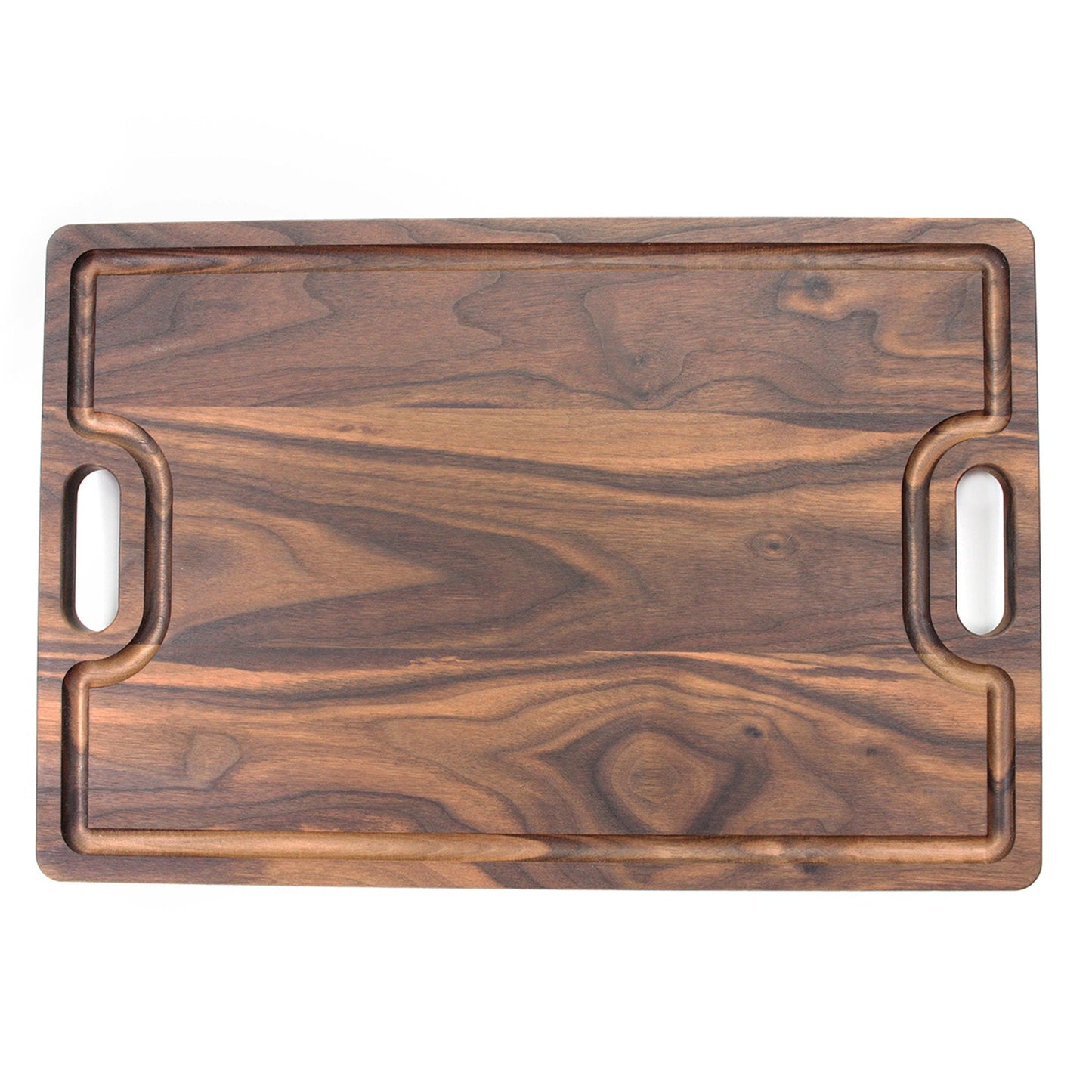 Wooden cutting board with handles on a white background