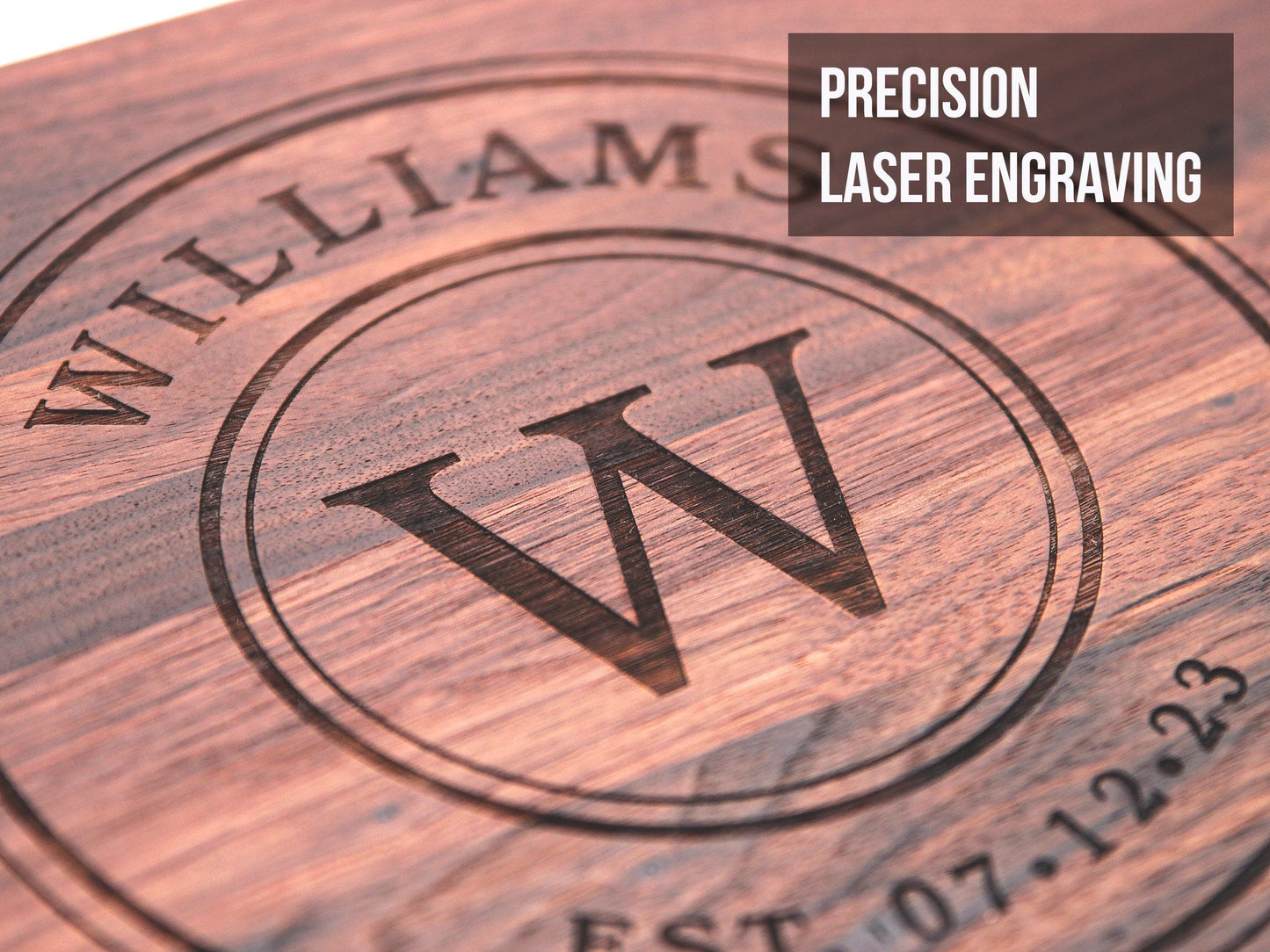 Wooden surface with precision laser engraving of a name and date
