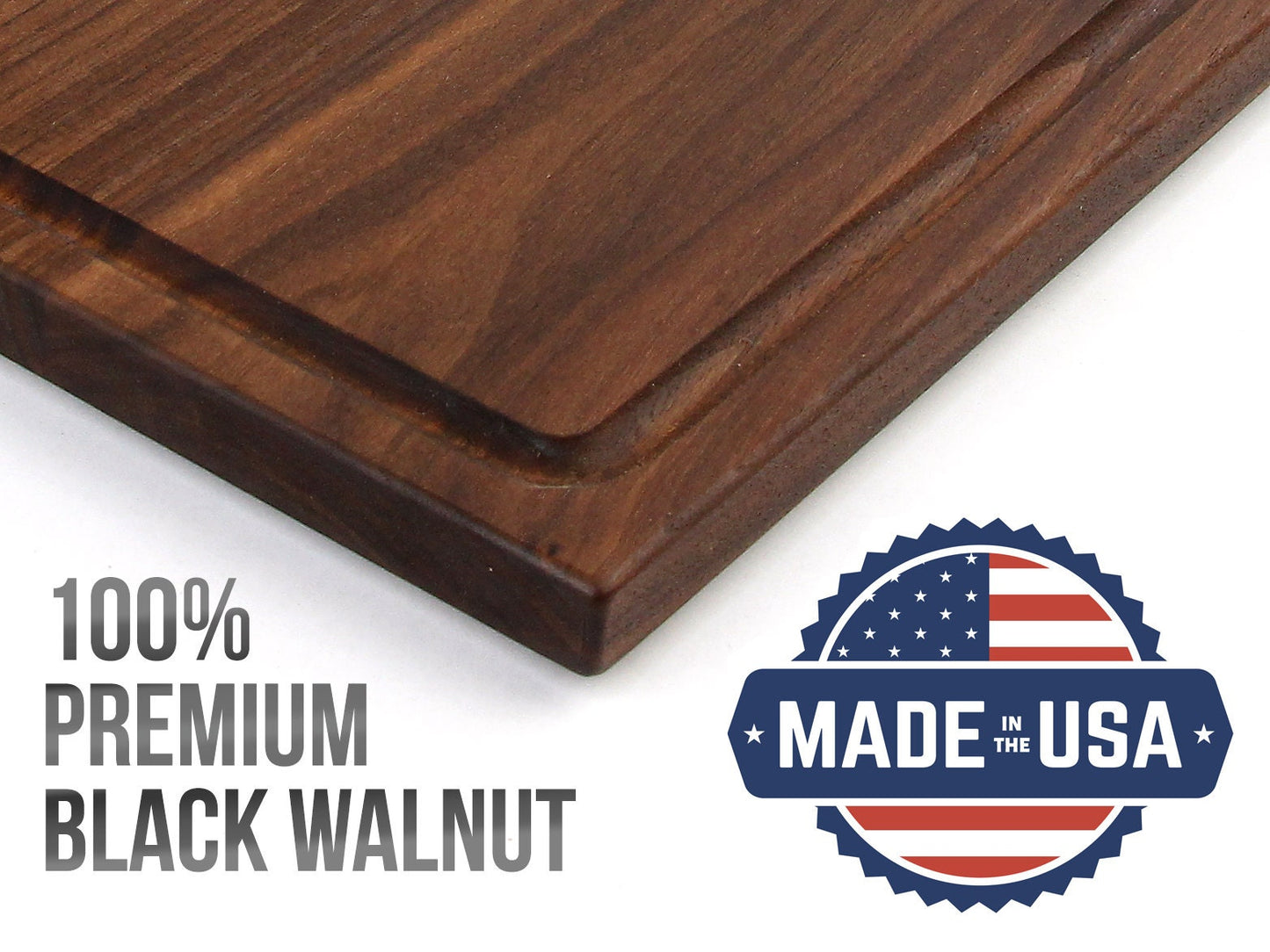 Wooden cutting board with '100% Premium Black Walnut' text and 'Made in USA' badge on a white background