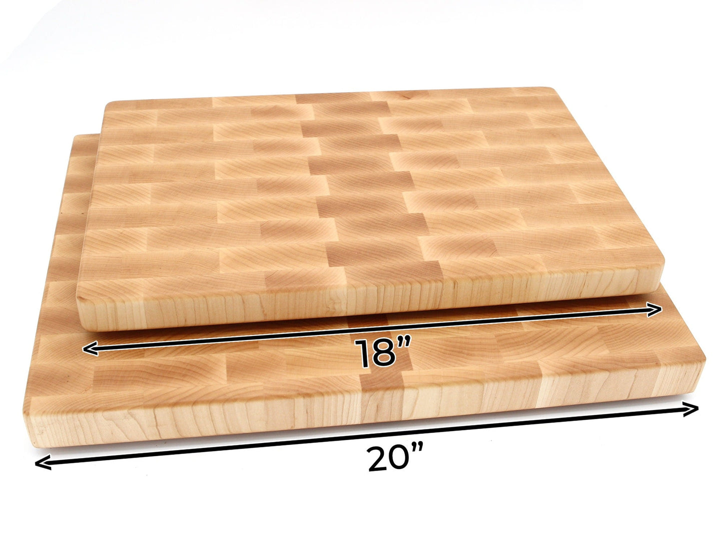 Two wooden cutting boards with measurements on a white background