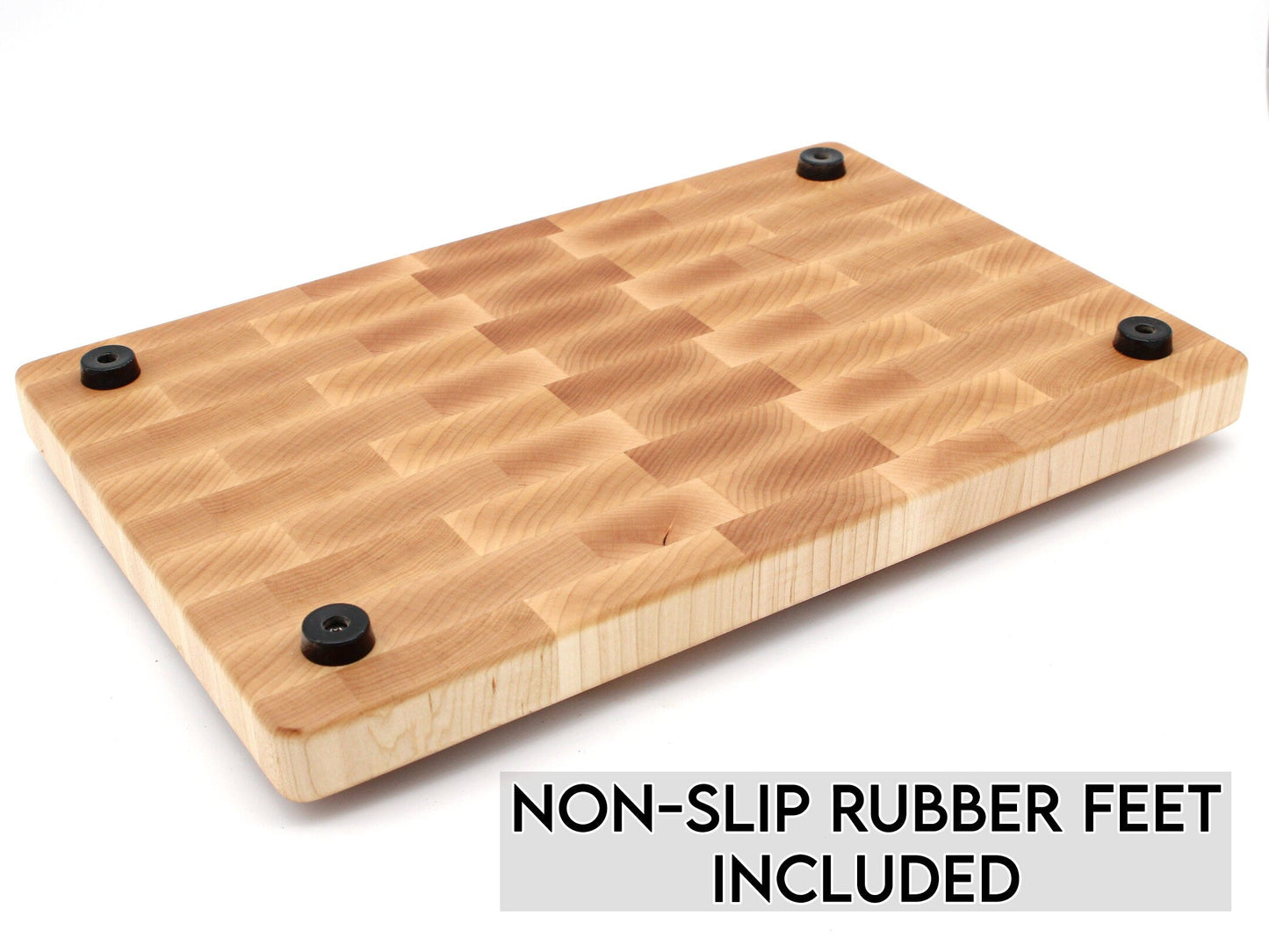 Wooden cutting board with non-slip rubber feet on a white background