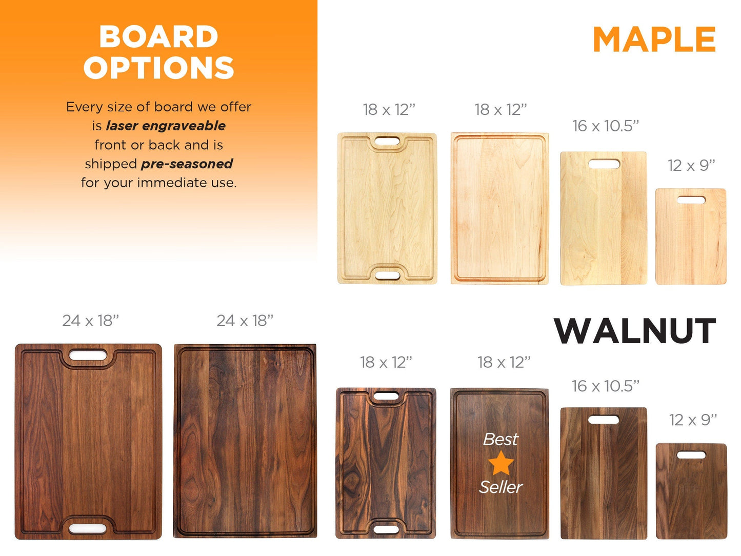 Various sizes of maple and walnut cutting boards with dimensions and branding information.