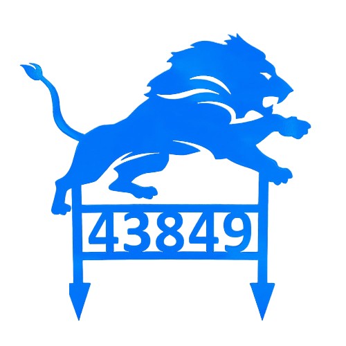 Blue lion silhouette with decorative numbers on a white background