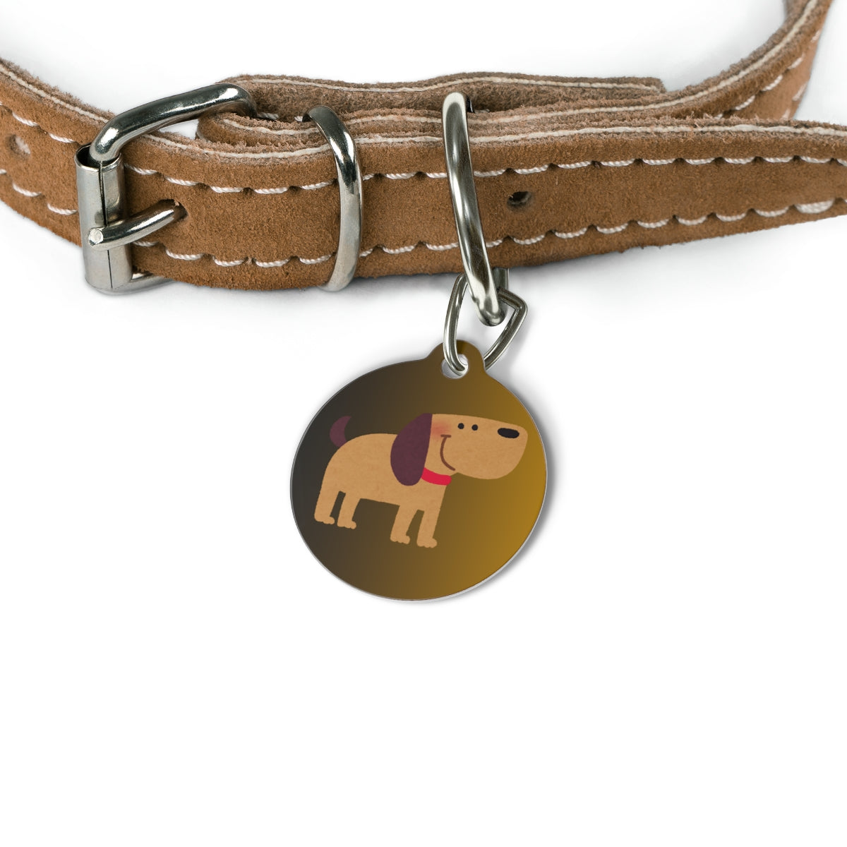metal tag featuring a cartoon dog design on a white background