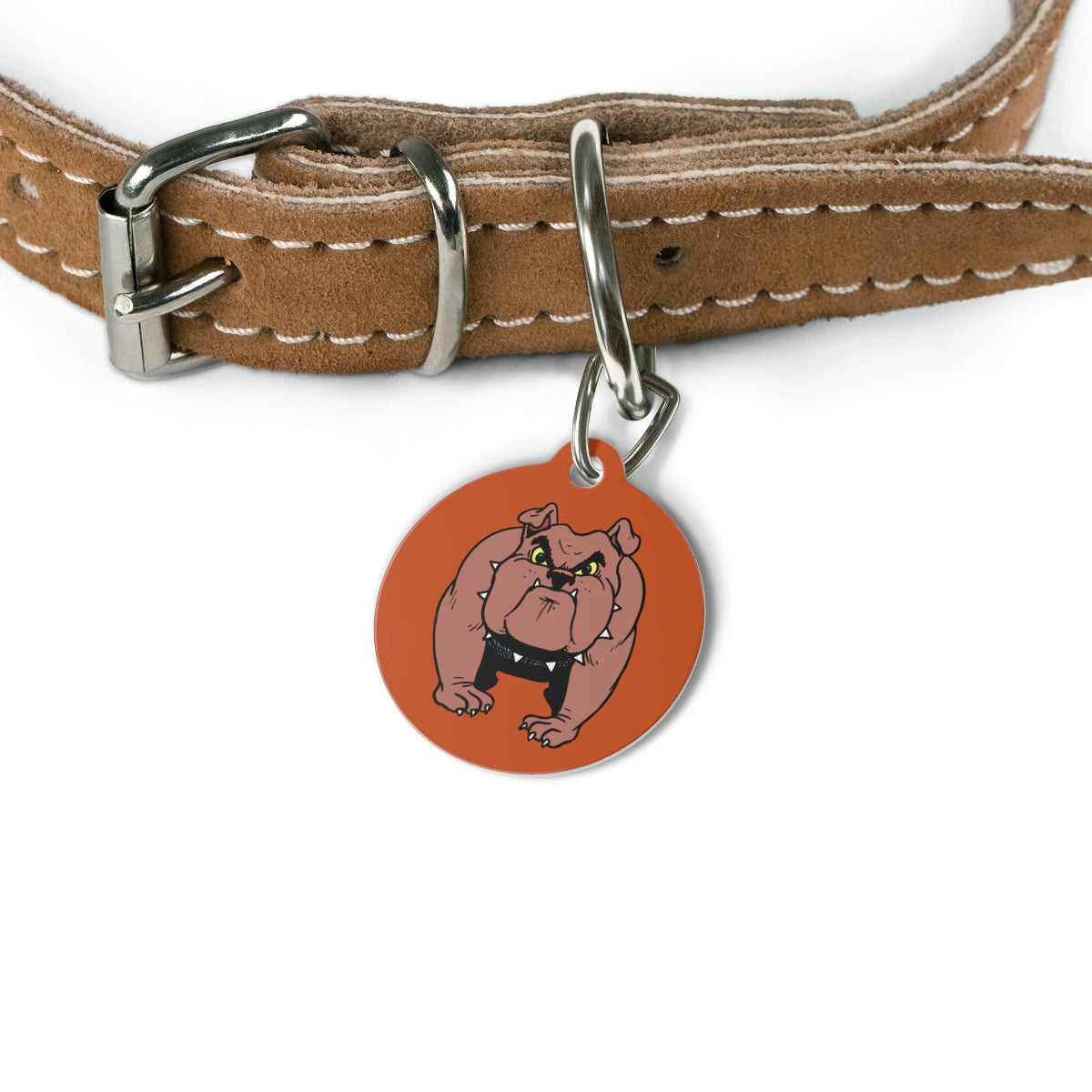 round metal tag featuring a cartoon bulldog design on a white background.