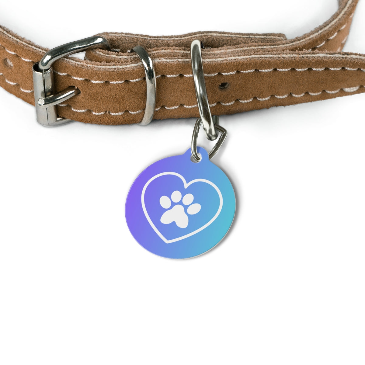 blue and purple pet tag featuring a heart and paw design on a white background.