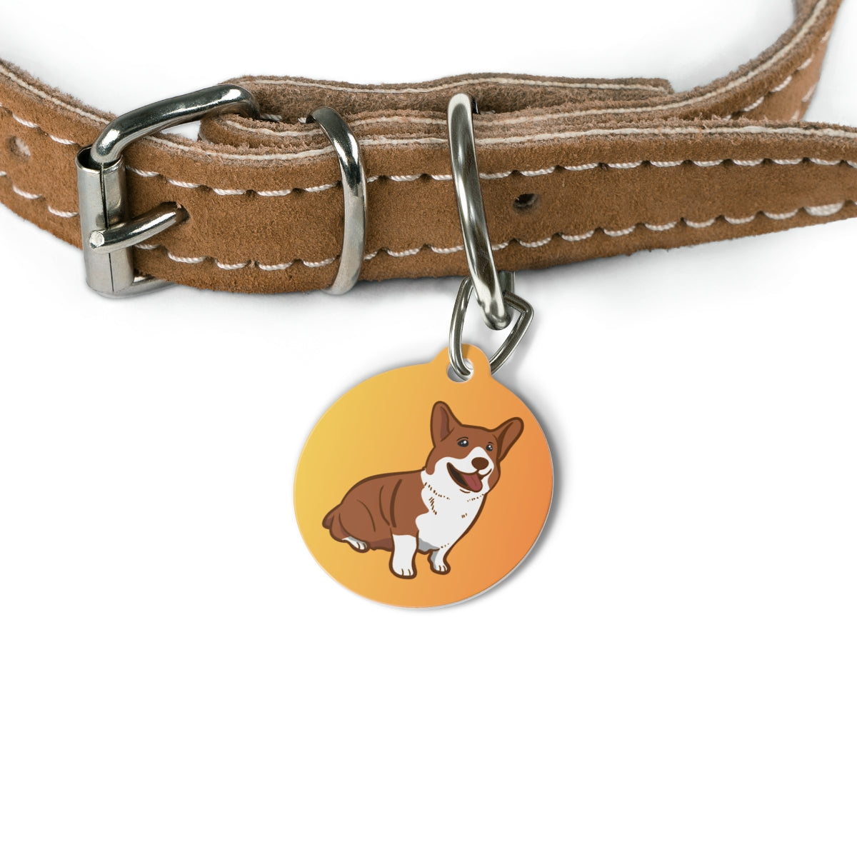 round dog tag featuring a cartoon corgi design on a white background.