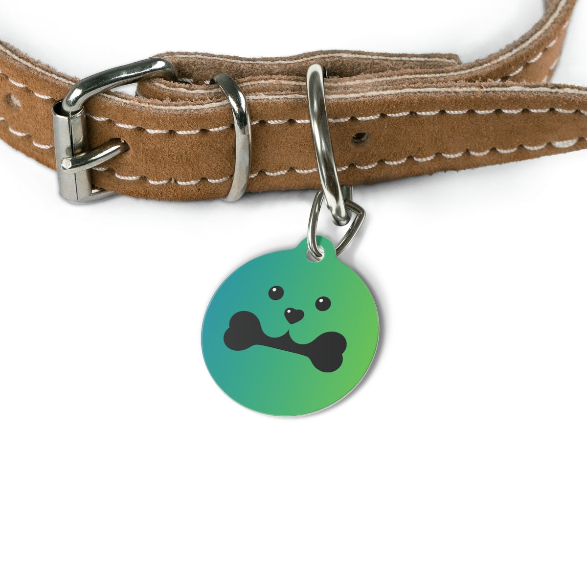 green pet tag featuring a black bone design on a white background.