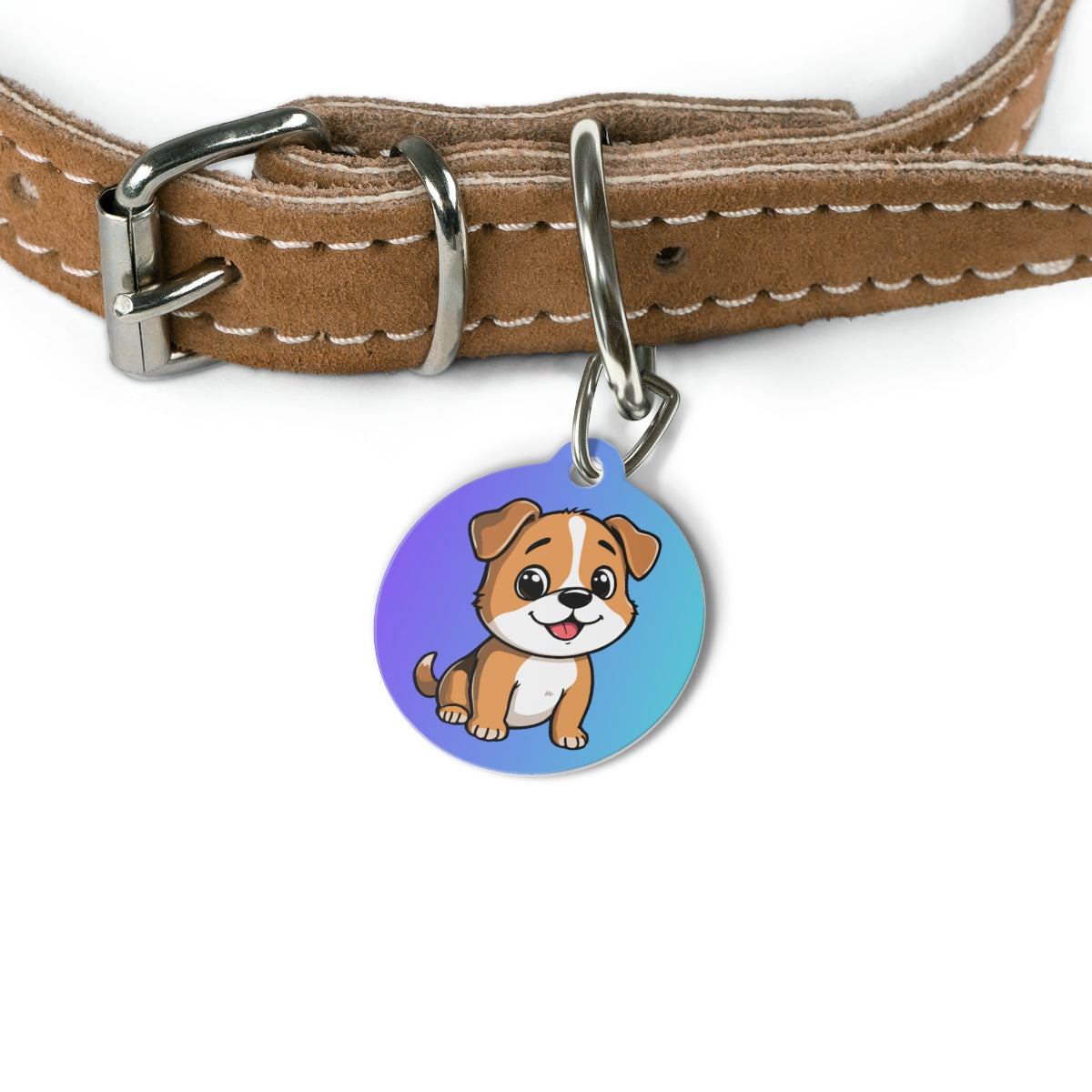blue tag featuring a cartoon dog on a white background