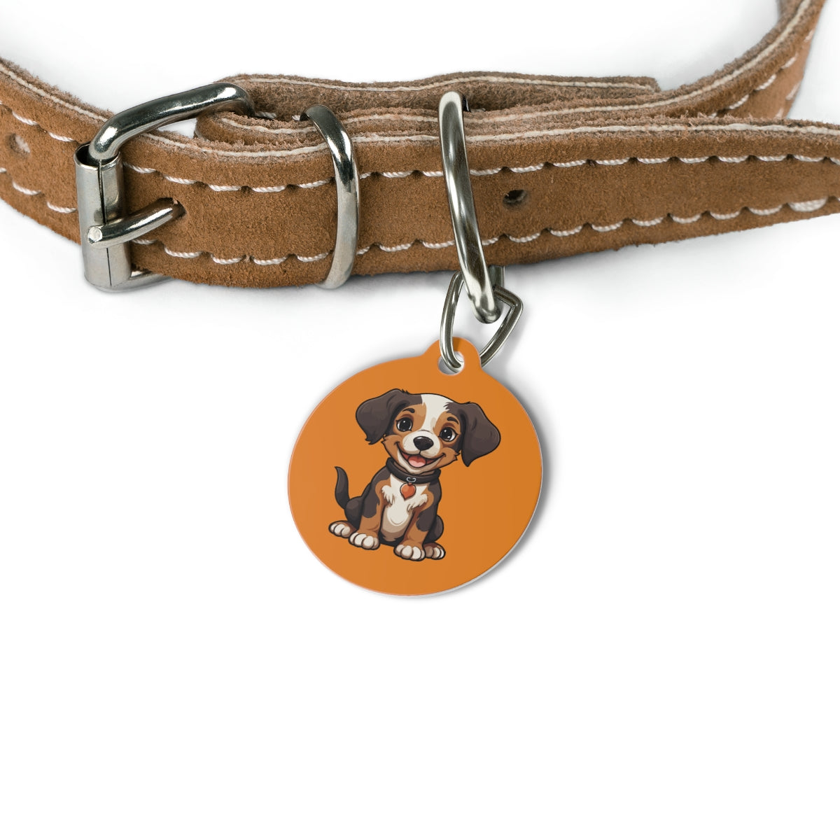 round orange tag featuring a dog illustration on a white background.