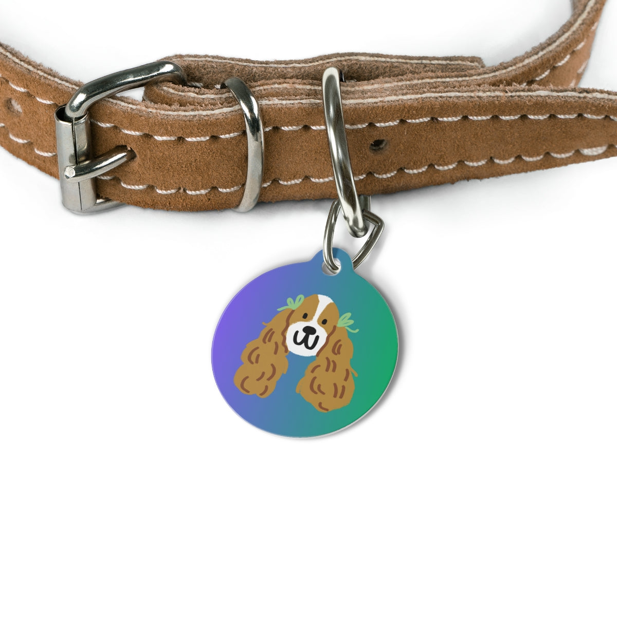 round metal tag featuring a dog illustration on a white background