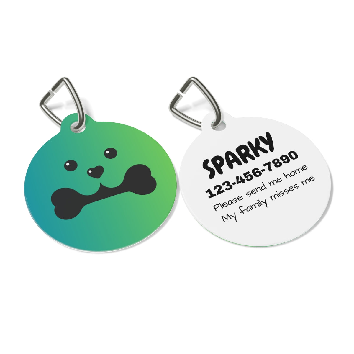 Two round pet tags, one green with a dog illustration and the other white with text, on a white background.