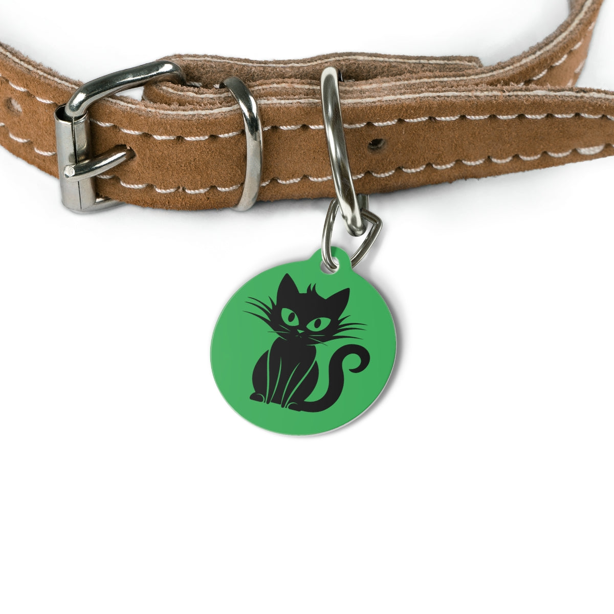 green pet tag featuring a black cat design on a white background.