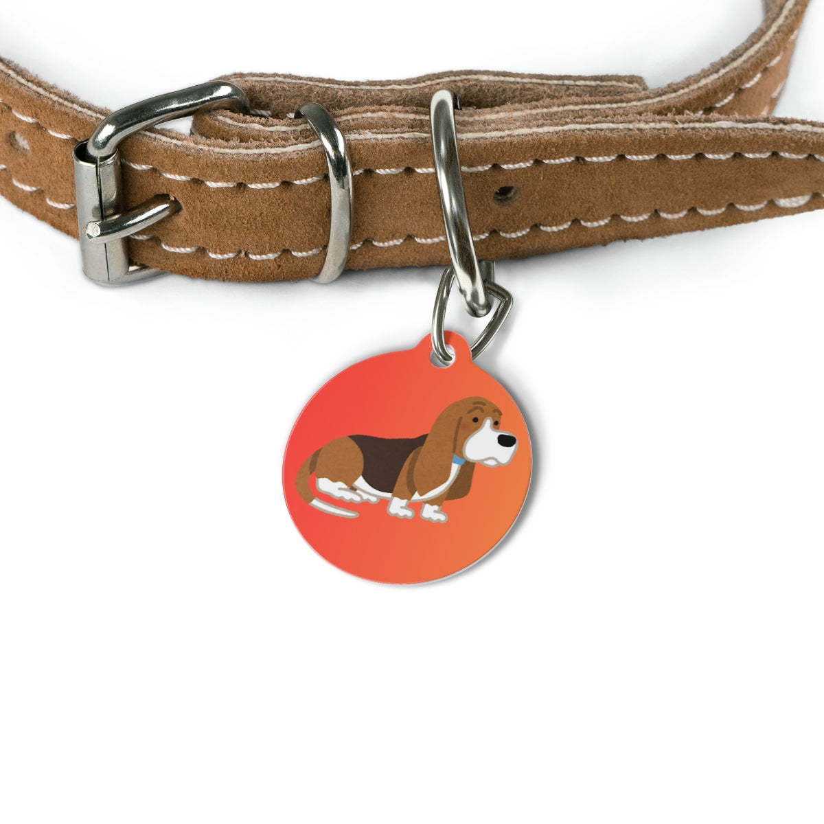 red tag featuring a dog illustration on a white background