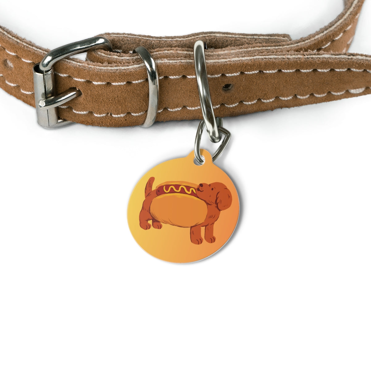orange tag featuring a dachshund illustration on a white background.