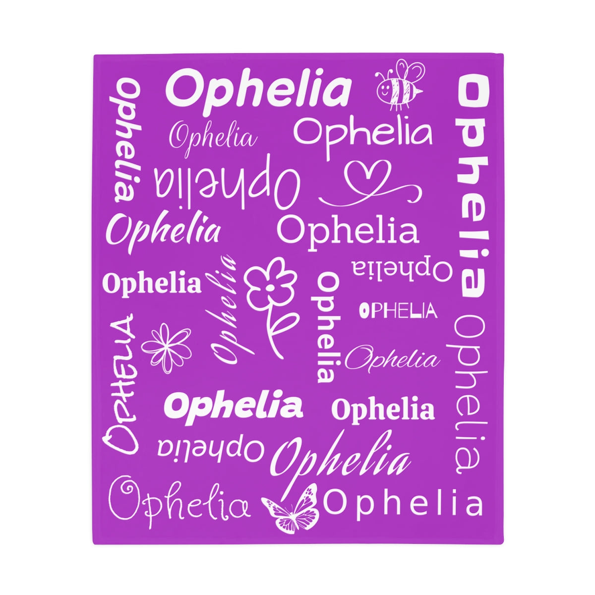 Purple decorative plush blanket with the name 'Ophelia' in various fonts