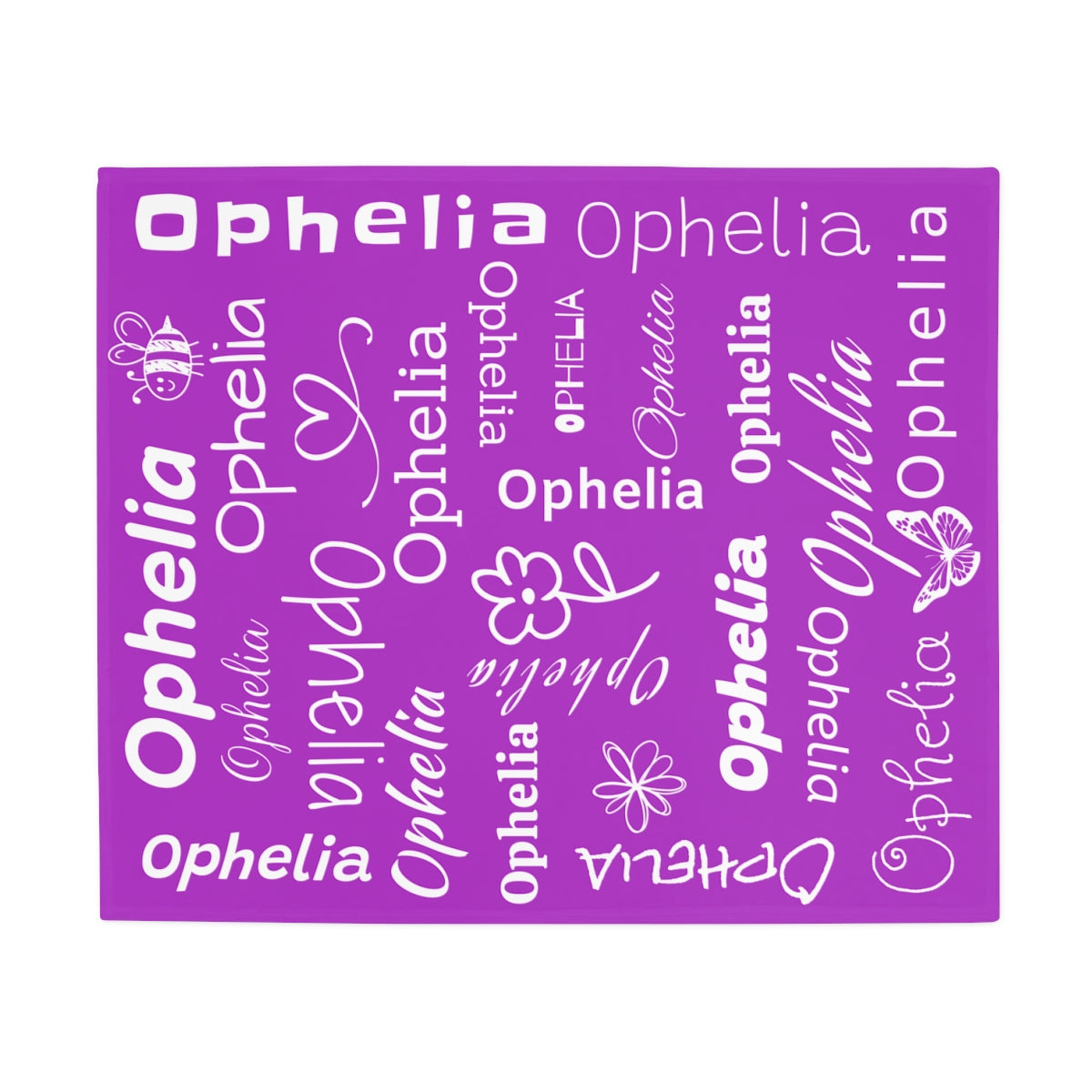 Purple decorative blanket with the word 'Ophelia' repeated, featuring floral elements on a white background.