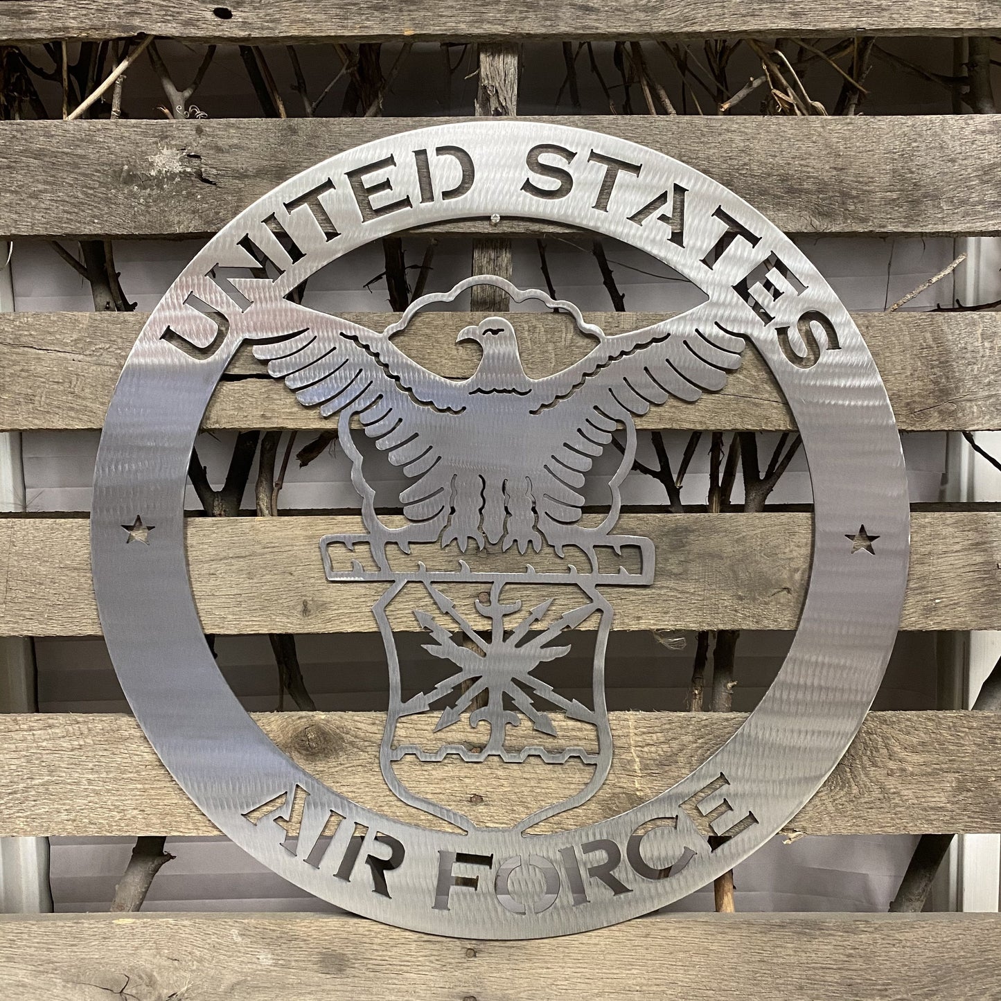 Silver Metallic United States Air Force emblem on a wooden background