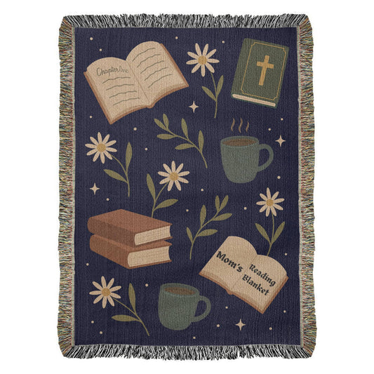 Mom reading heirloom woven blanket