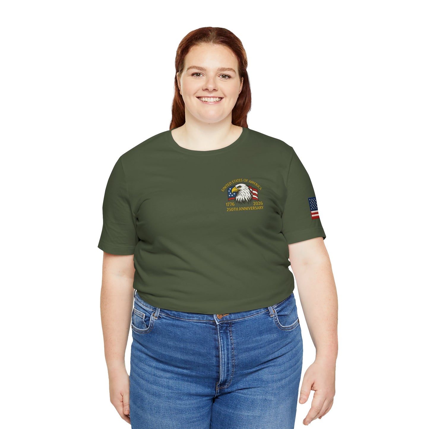 Girl wearing a green t-shirt with a logo and blue jeans