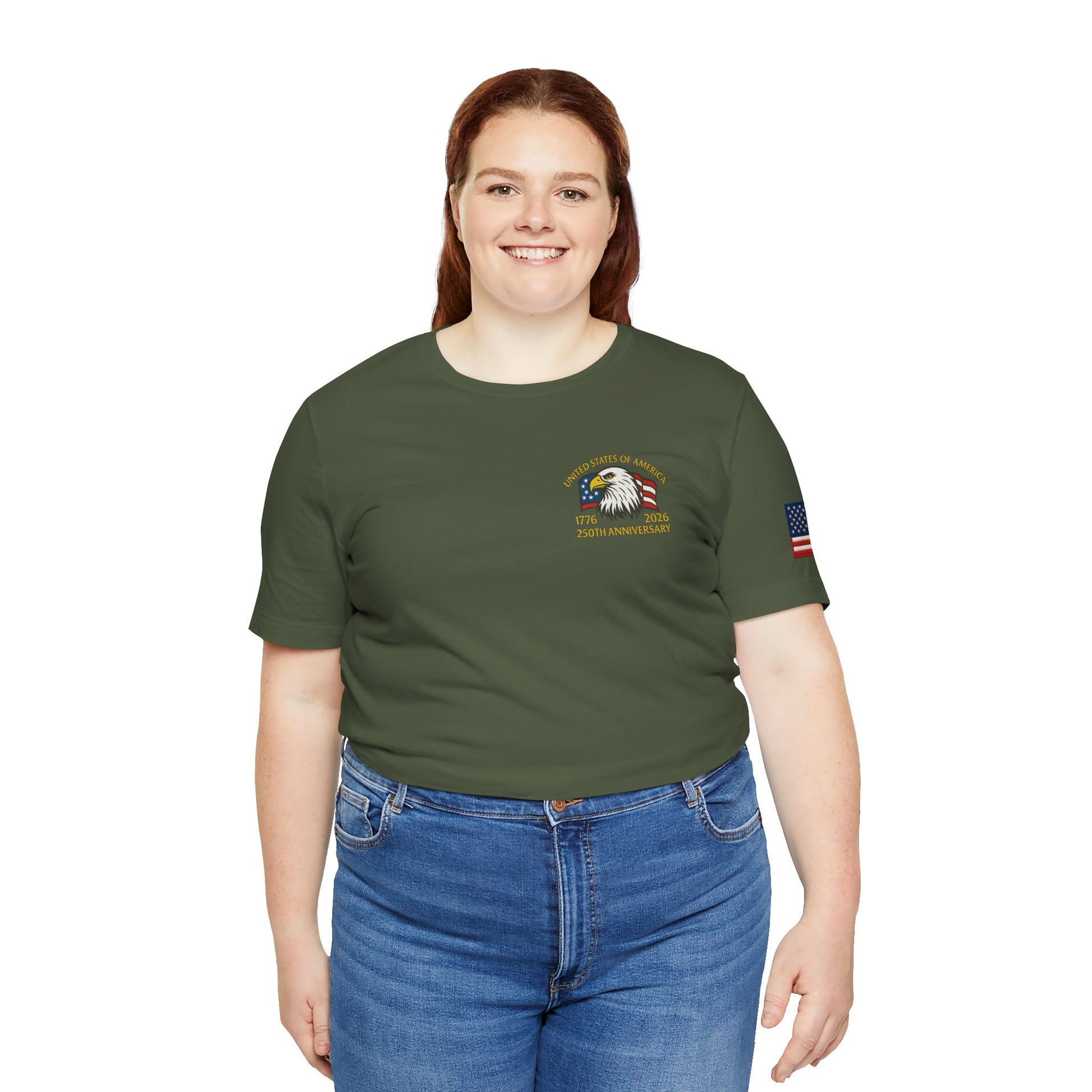 Girl wearing a green t-shirt with a logo and blue jeans