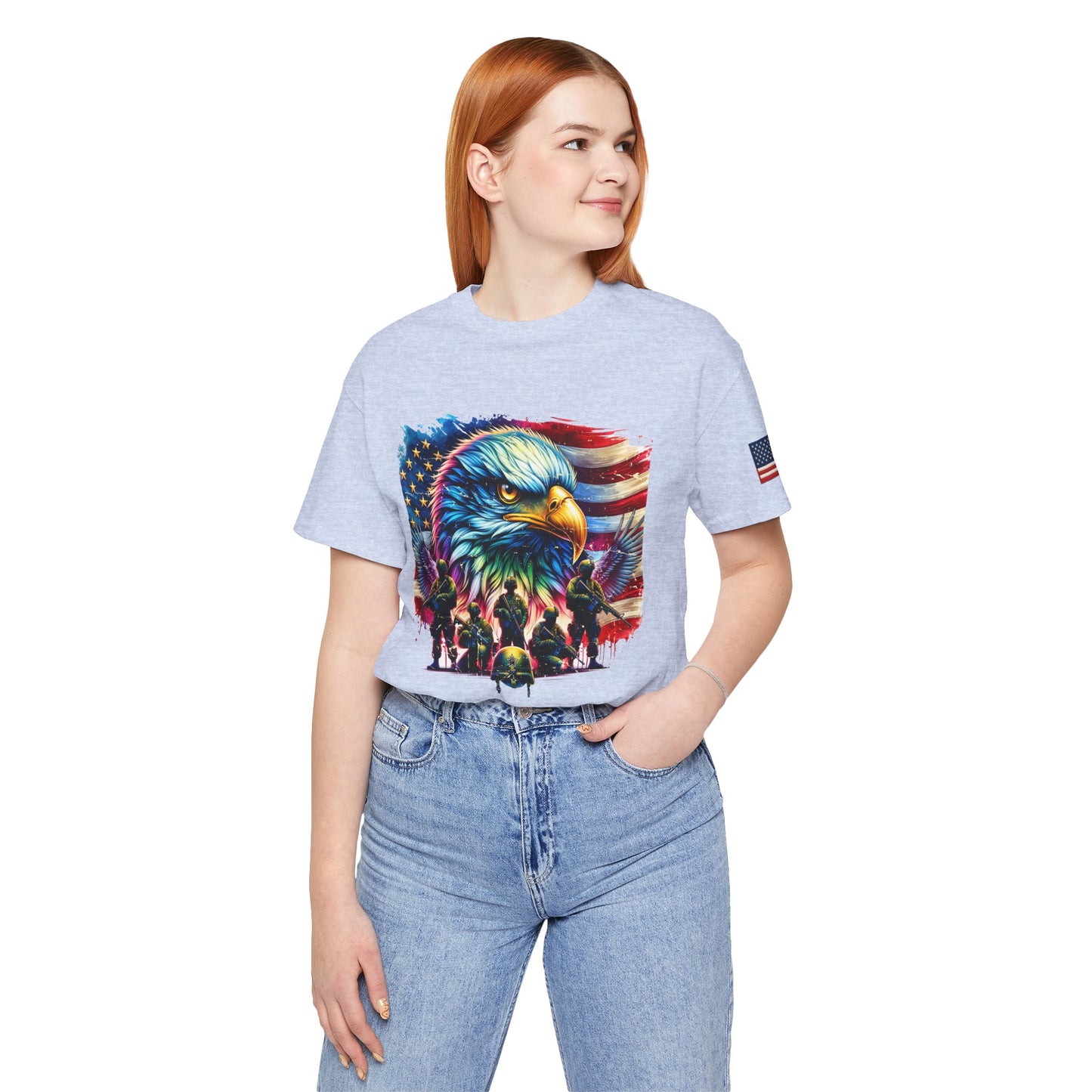 Girl wearing a light blue t-shirt with a colorful eagle graphic design